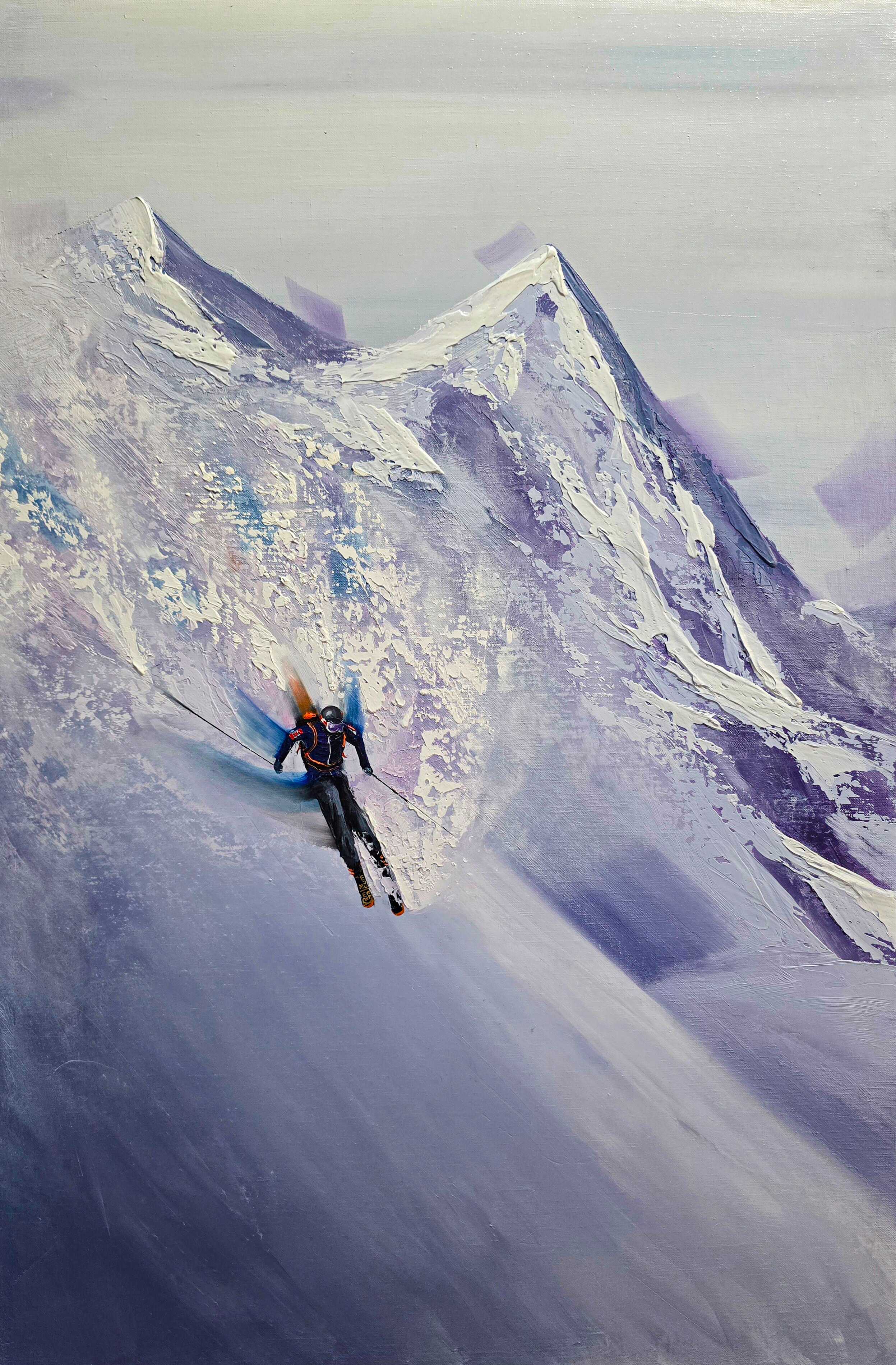 Ski in Whistler by Kamiar Gajoum oil painting of skier descending snowy mountain landscape in Whistler Canada