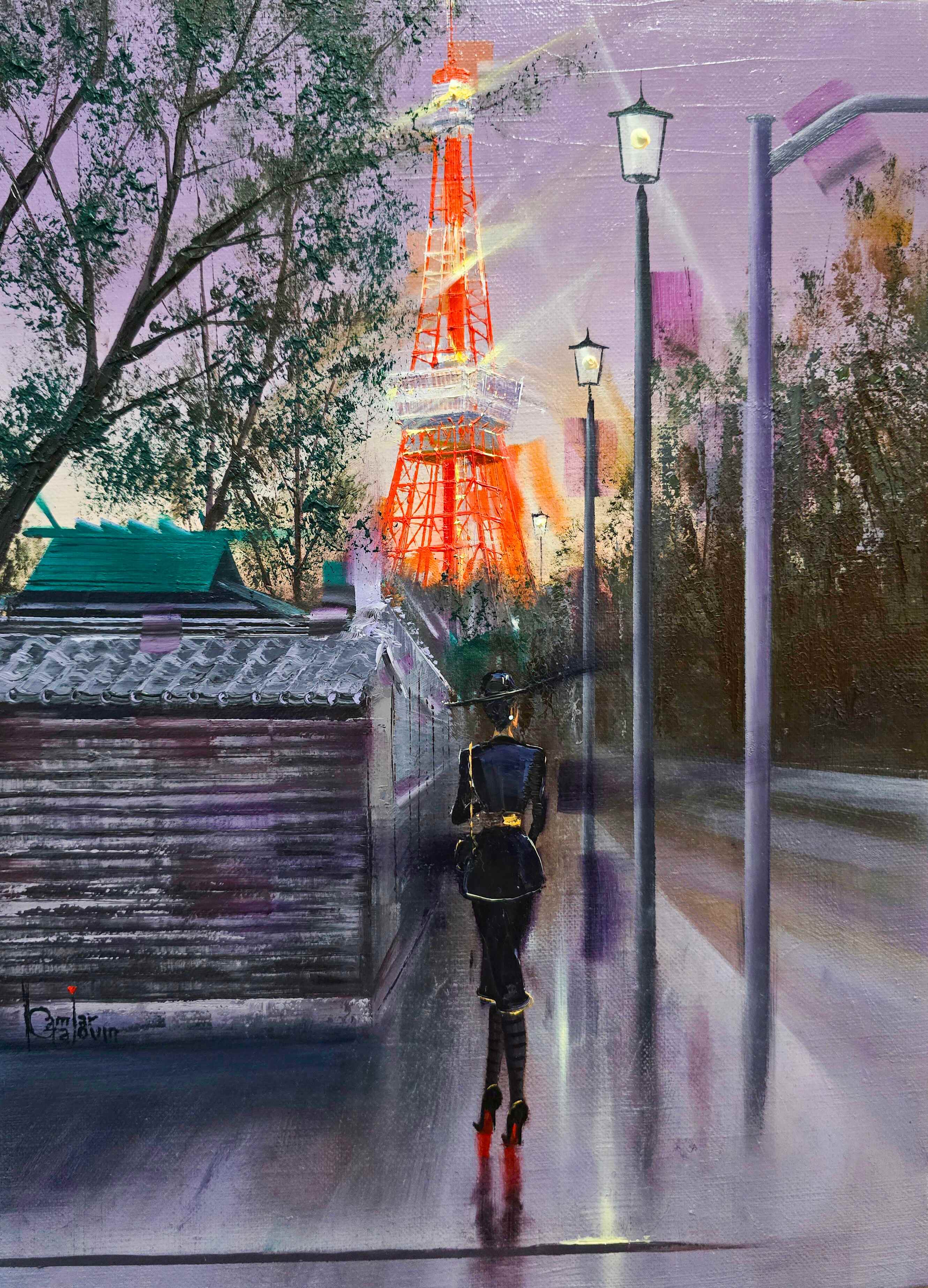 Tokyo Tower Evening by Kamiar Gajoum oil painting of Tokyo street scene with illuminated Tokyo Tower at night