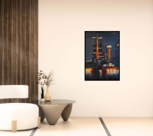 Tokyo Tower Reflection by Kamiar Gajoum oil painting of Tokyo skyline with illuminated Tokyo Tower and water reflections
