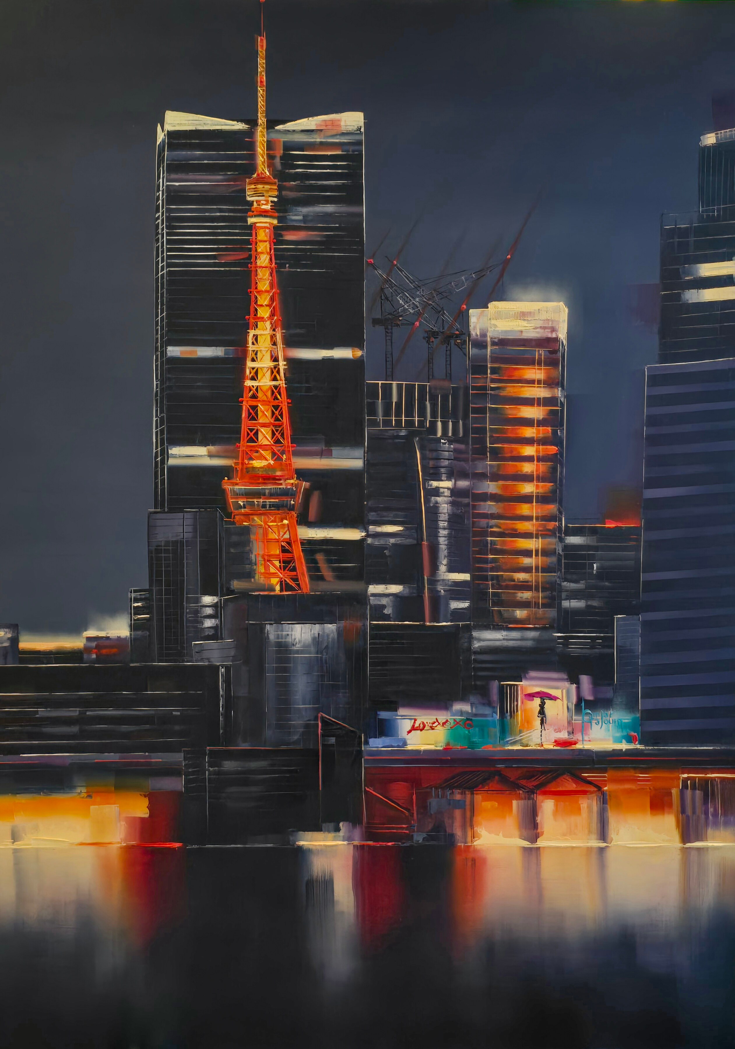 Tokyo Tower Reflection by Kamiar Gajoum oil painting of Tokyo skyline with illuminated Tokyo Tower and water reflections