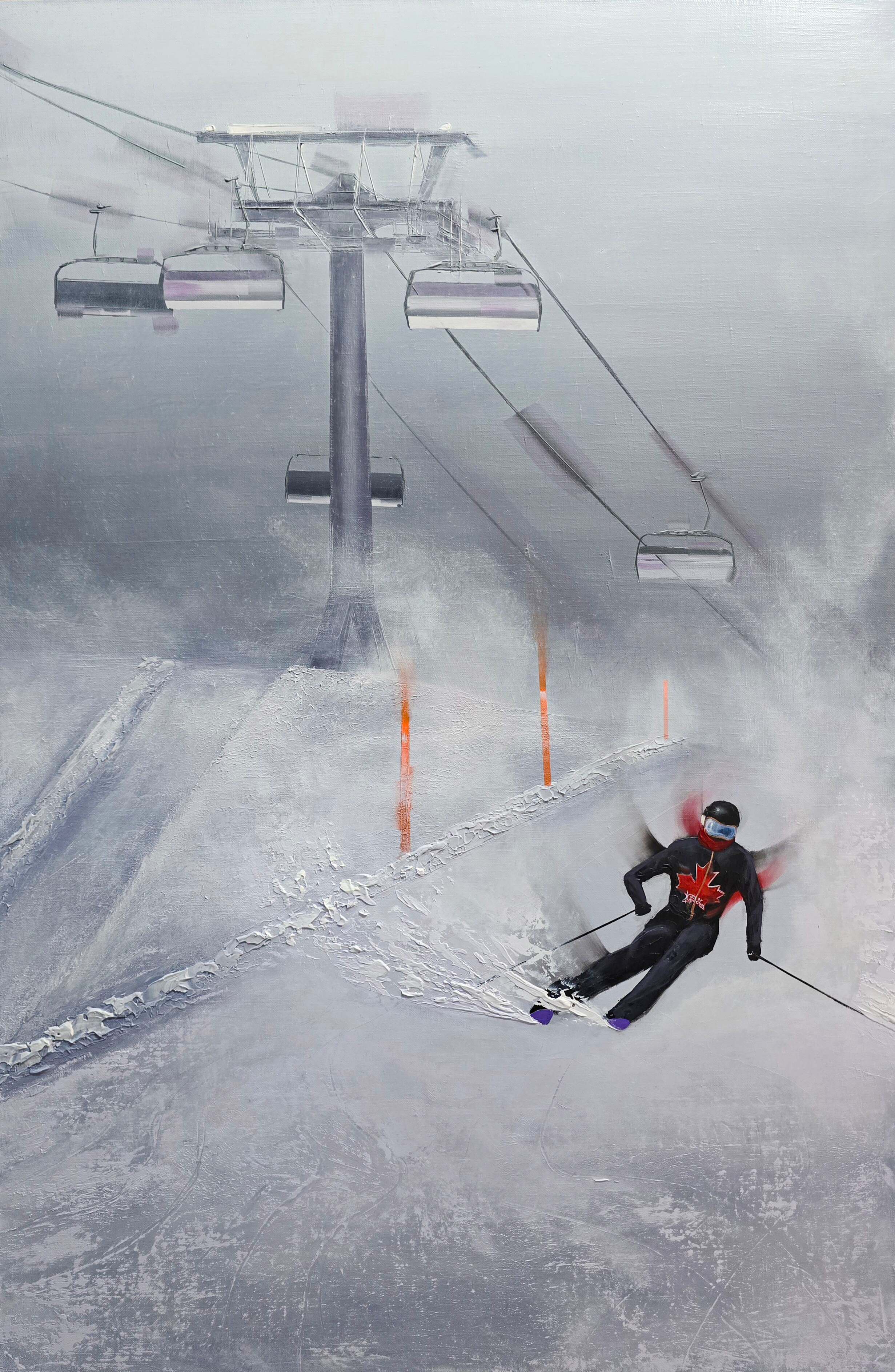 Whistler by Kamiar Gajoum oil painting of skier descending snowy mountain with chairlift and winter atmosphere