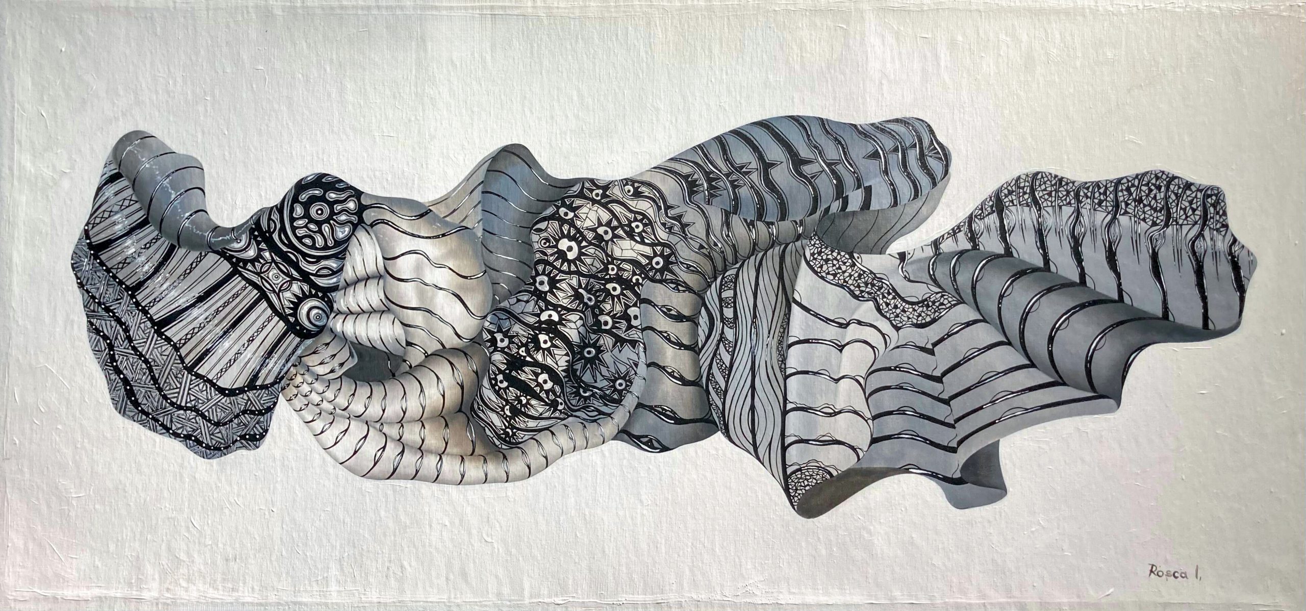 Floating Origins by Ion Rosca, abstract mixed media artwork with organic shell-like forms.