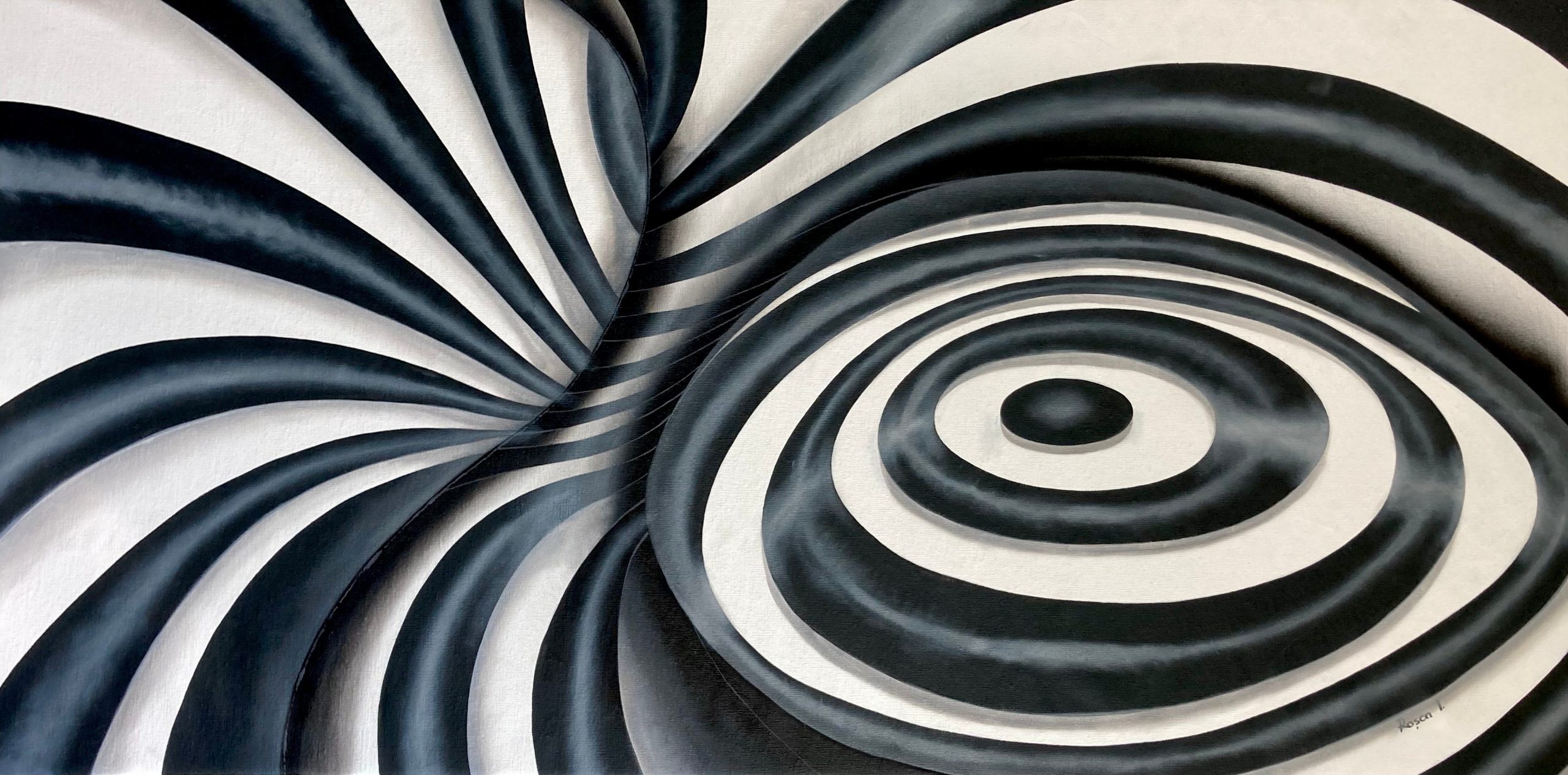 Gravity Well by Ion Rosca, black and white abstract mixed media artwork with swirling geometric forms, concentric circles, and optical illusion effects on canvas.
