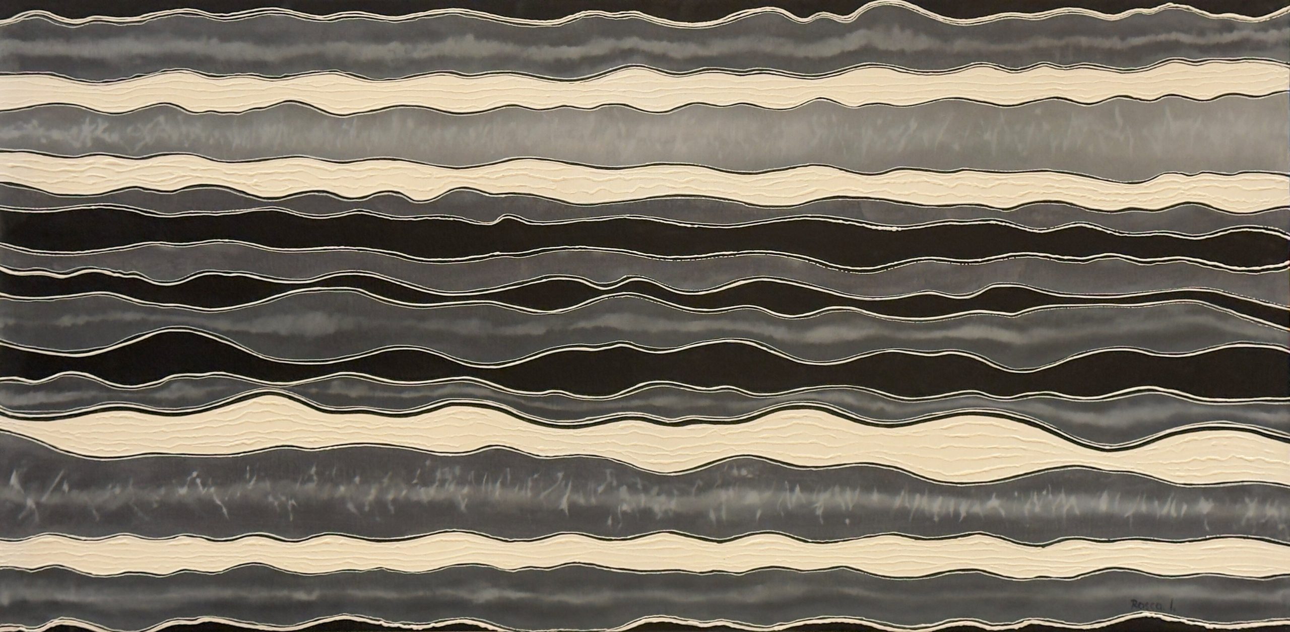 Impartial by Ion Rosca, abstract oil painting with layered black, grey, and ivory horizontal wave patterns creating a minimalist landscape effect.