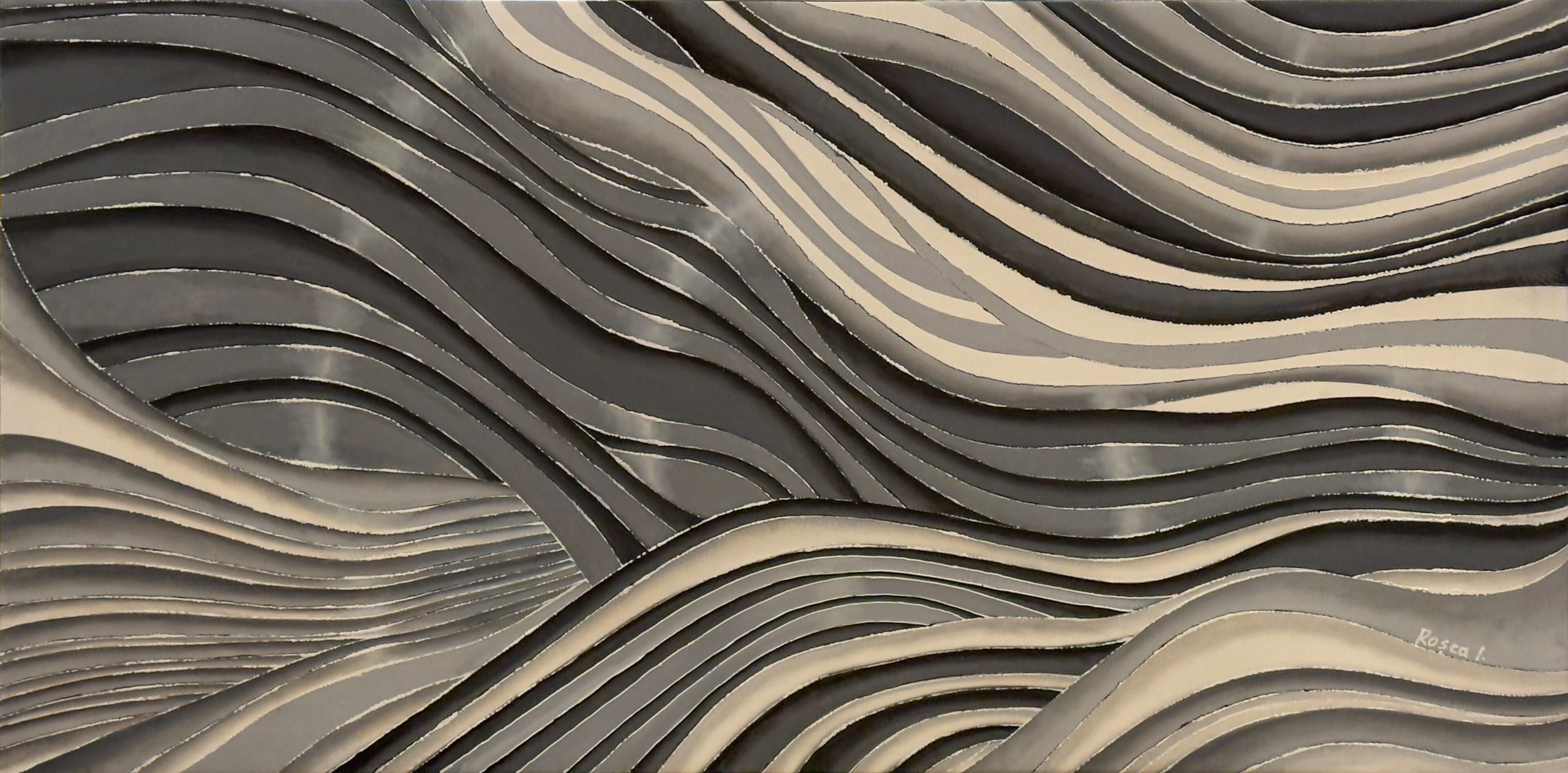 Relative by Ion Rosca, abstract oil painting with layered grey, silver, and ivory wave-like forms creating a sculptural landscape effect.