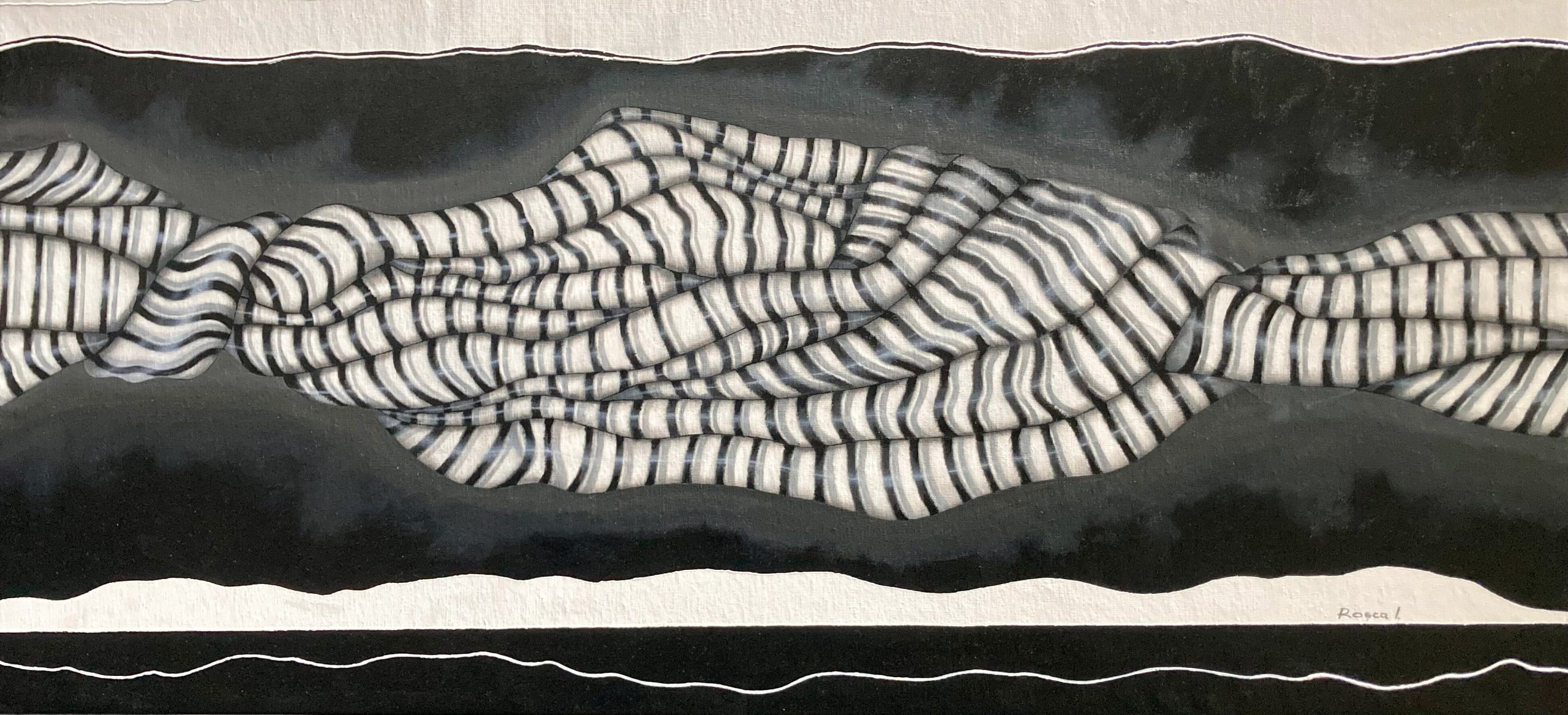 Strata of Silence by Ion Rosca, abstract mixed media artwork with layered striped forms and monochromatic patterns.