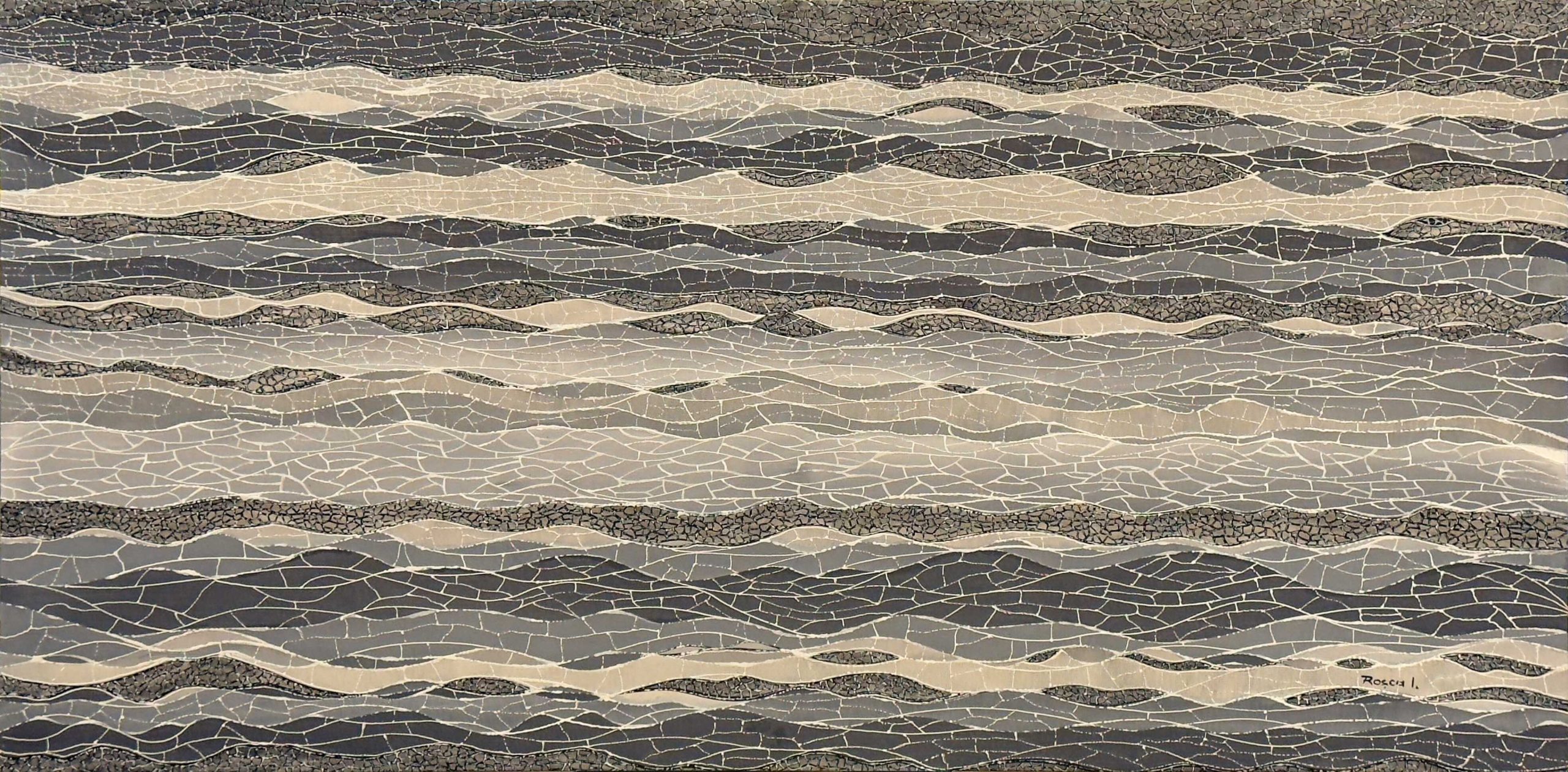 Superla Line by Ion Rosca, abstract oil painting with layered grey and ivory horizontal forms resembling waves, geological strata, and flowing water.