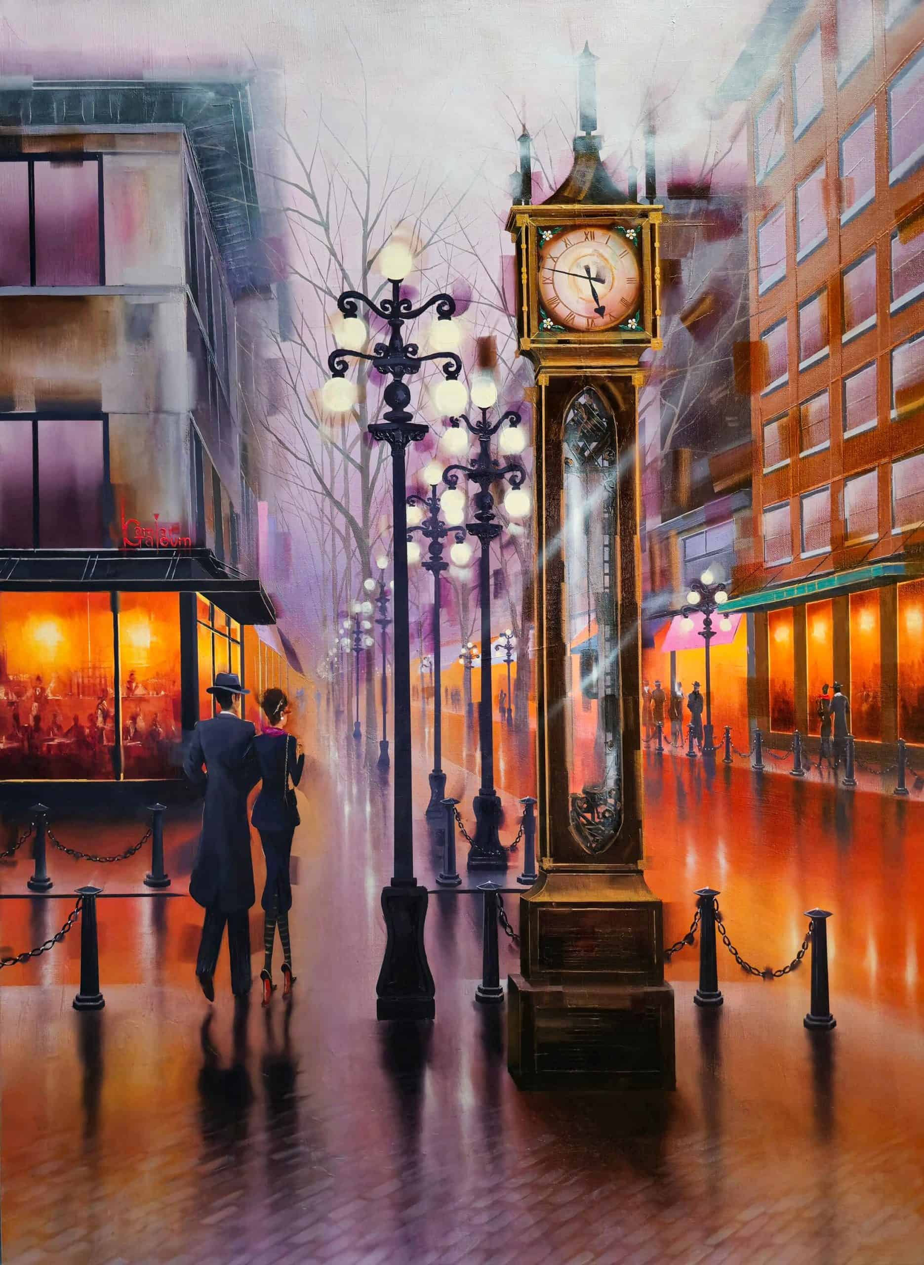SteamClock Vancouver by Kamiar Gajoum featuring Gastown’s historic steam clock, illuminated street lamps, city reflections, and a couple walking through a glowing evening streetscape.