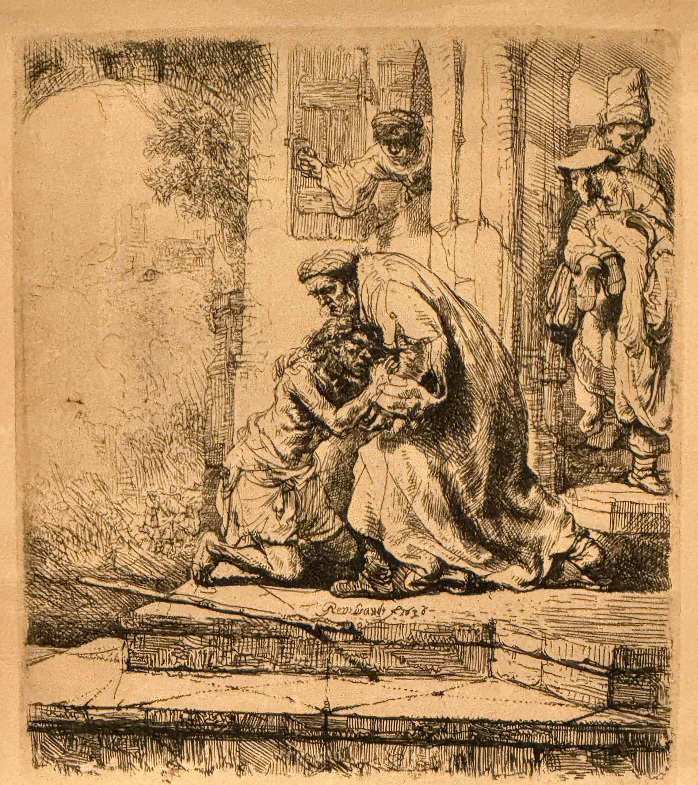 Rembrandt van Rijn, The Return of the Prodigal Son, original etching depicting the biblical reunion of the prodigal son and his father.