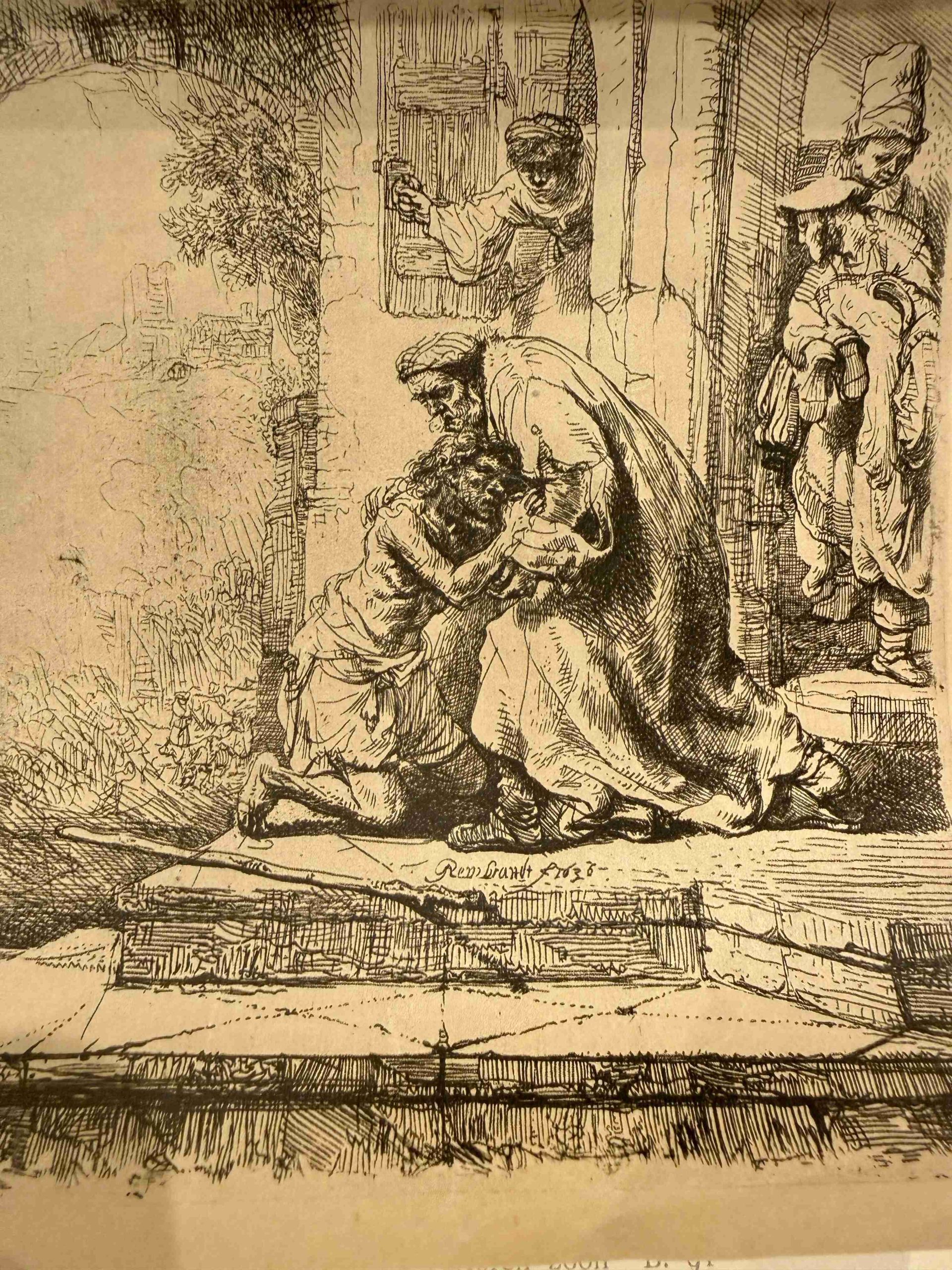 Rembrandt van Rijn, The Return of the Prodigal Son, original etching depicting the biblical reunion of the prodigal son and his father.