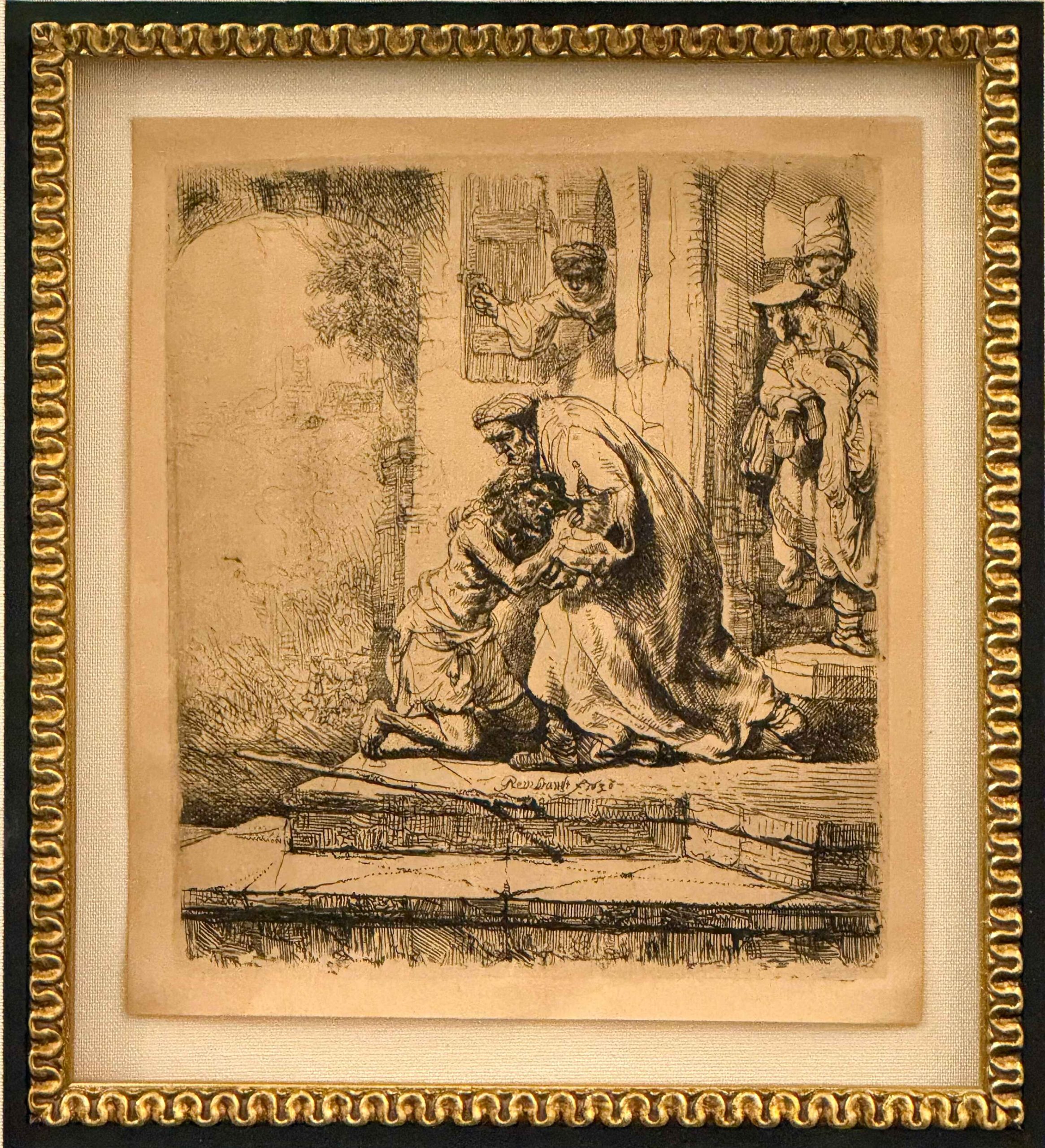 Rembrandt van Rijn, The Return of the Prodigal Son, original etching depicting the biblical reunion of the prodigal son and his father.