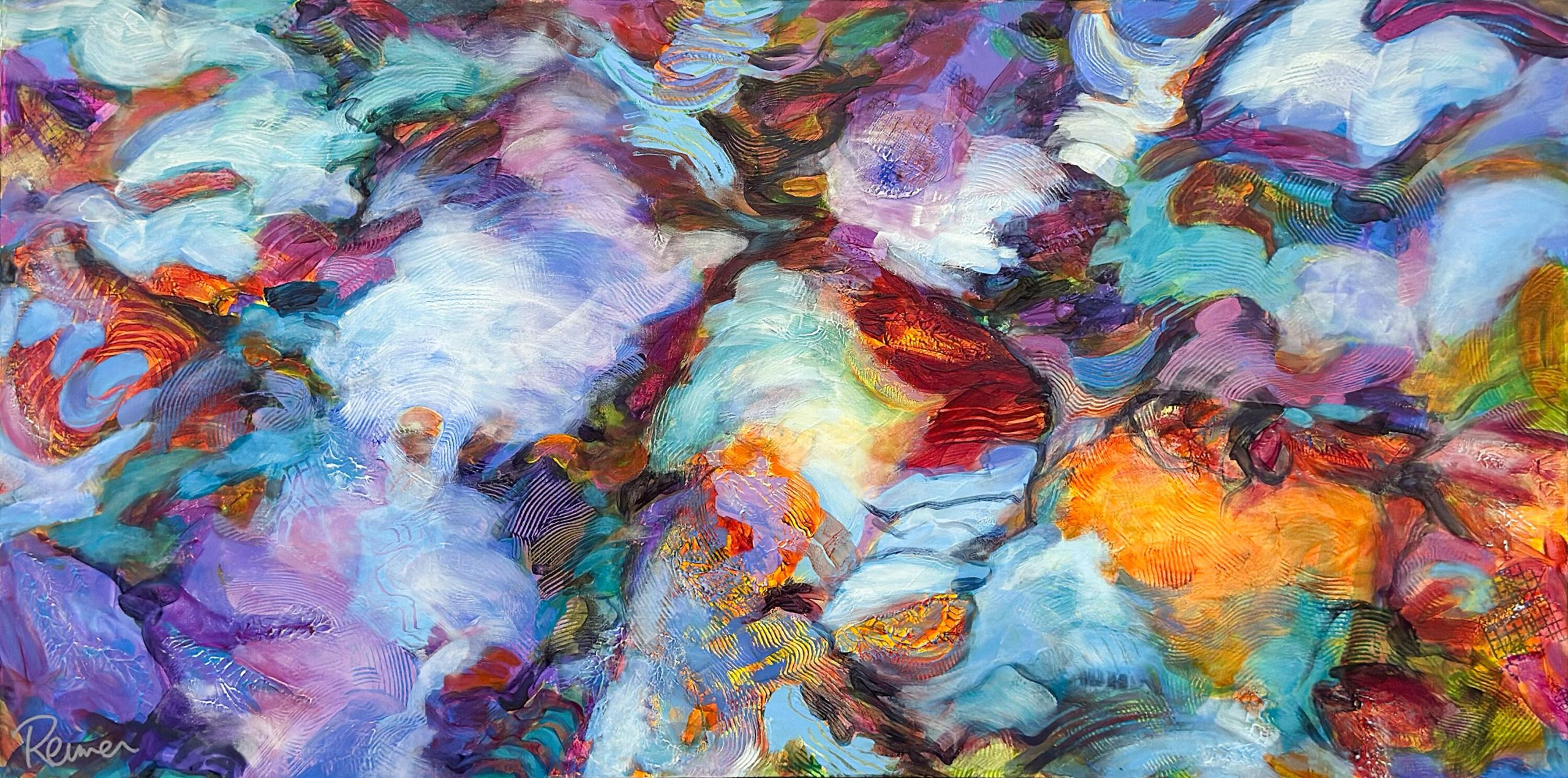 At the Heart of It by Christine Reimer, colorful abstract acrylic painting with expressive brushwork and layered textures.