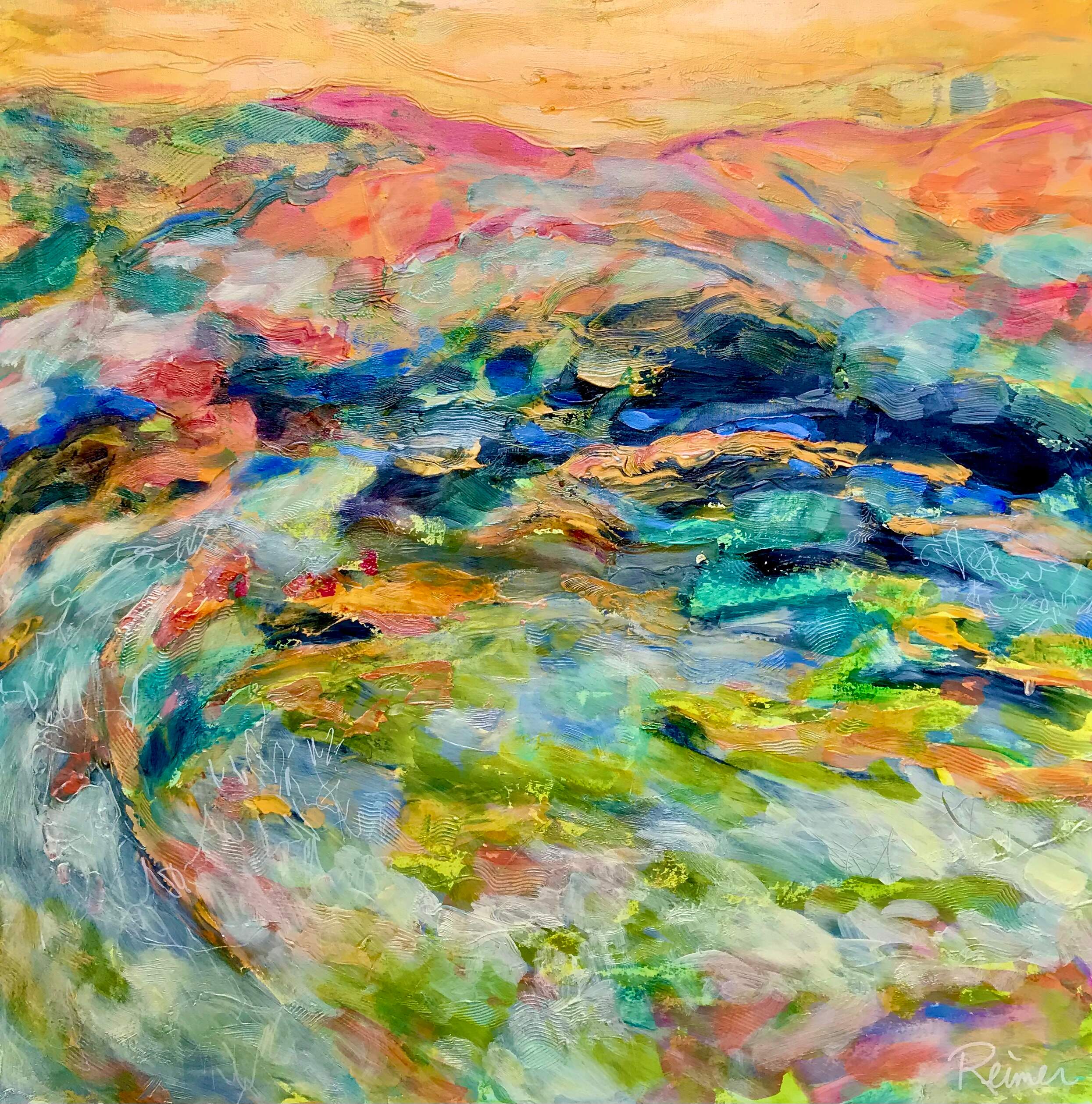 Celestial Mountains by Christine Reimer, colorful abstract landscape painting inspired by mountains and nature.