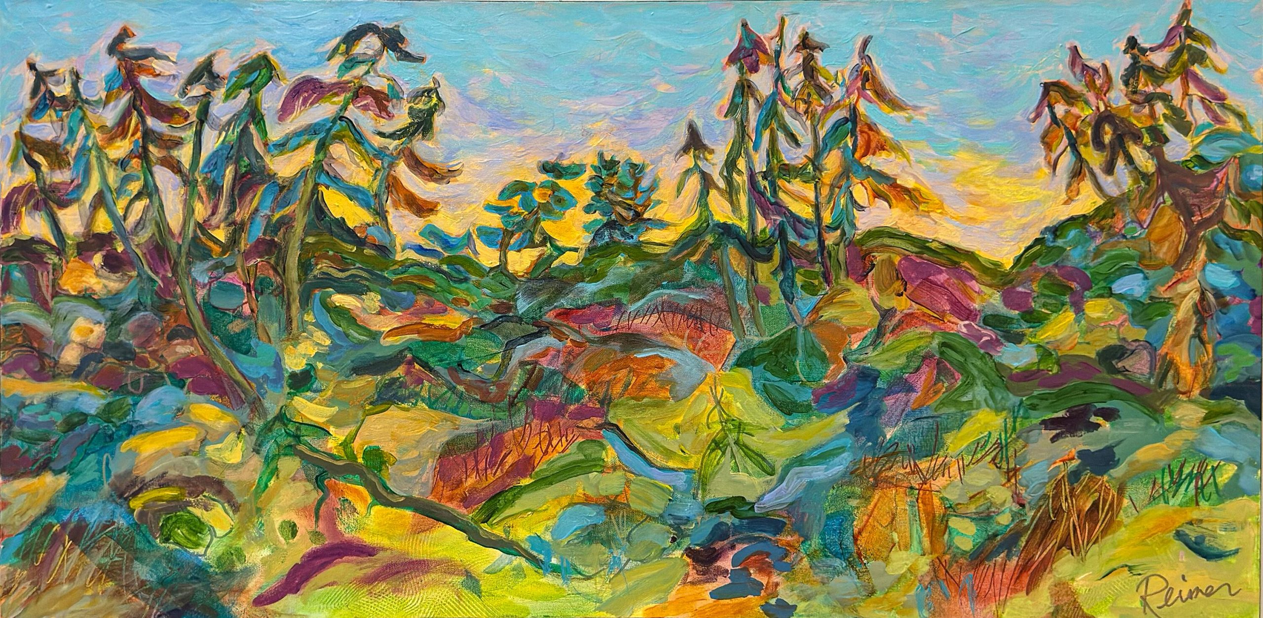 Daybreak by Christine Reimer, colourful abstract landscape painting in acrylic.