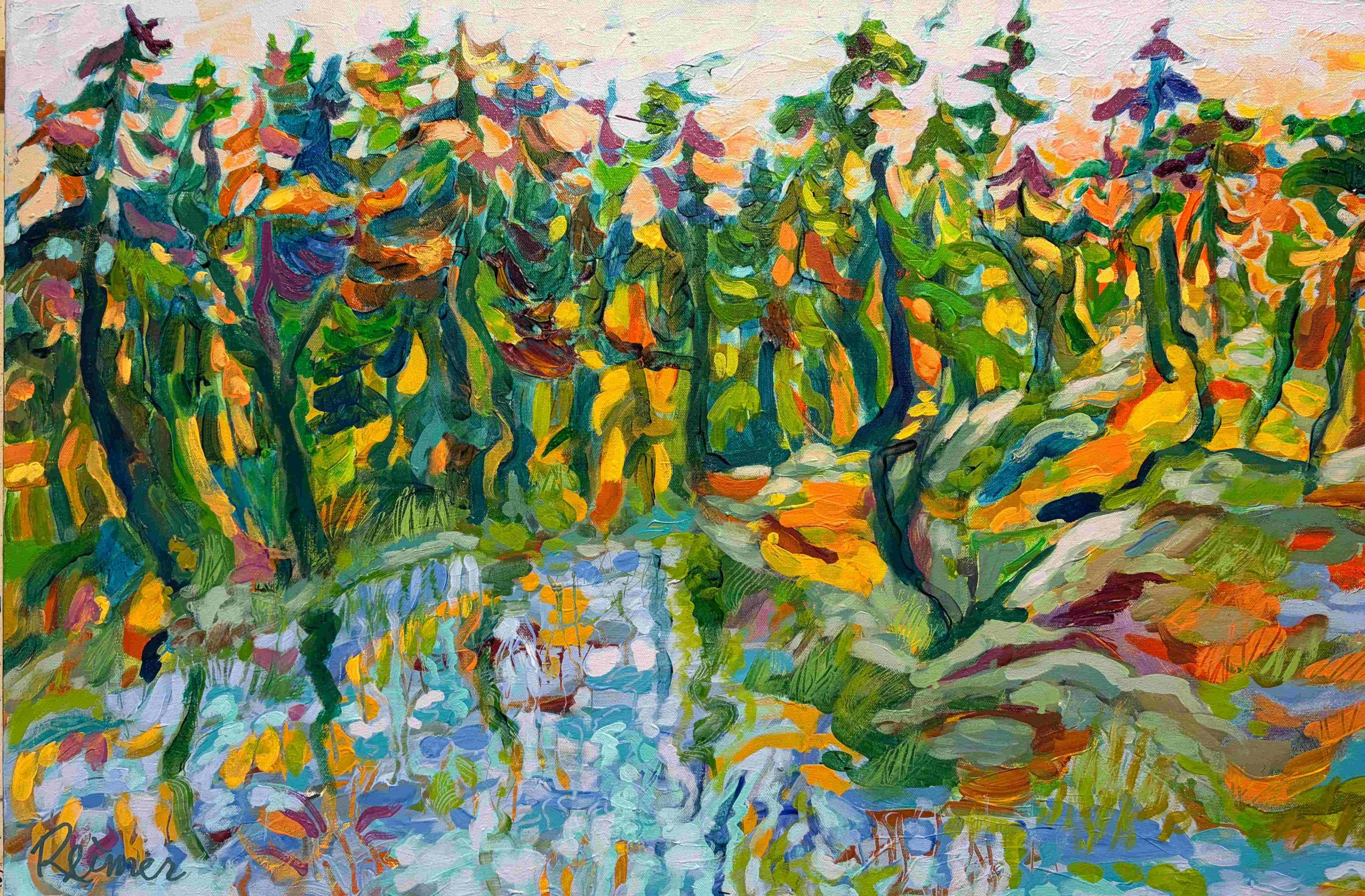 Lakeside Reflection by Christine Reimer, colourful abstract forest landscape with water reflections.
