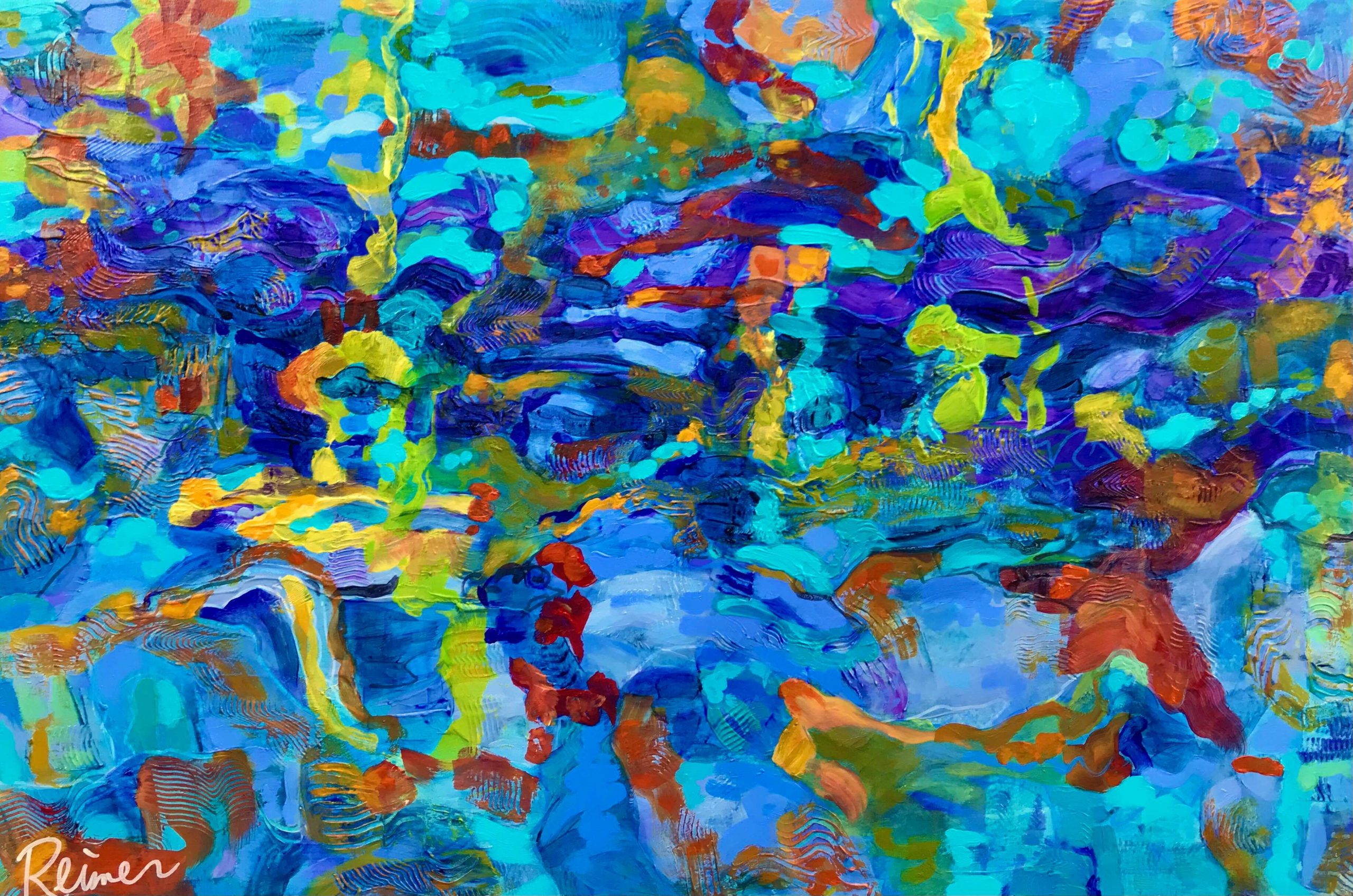 Night Swimming by Christine Reimer, blue abstract acrylic painting inspired by moonlit water and fluid movement.