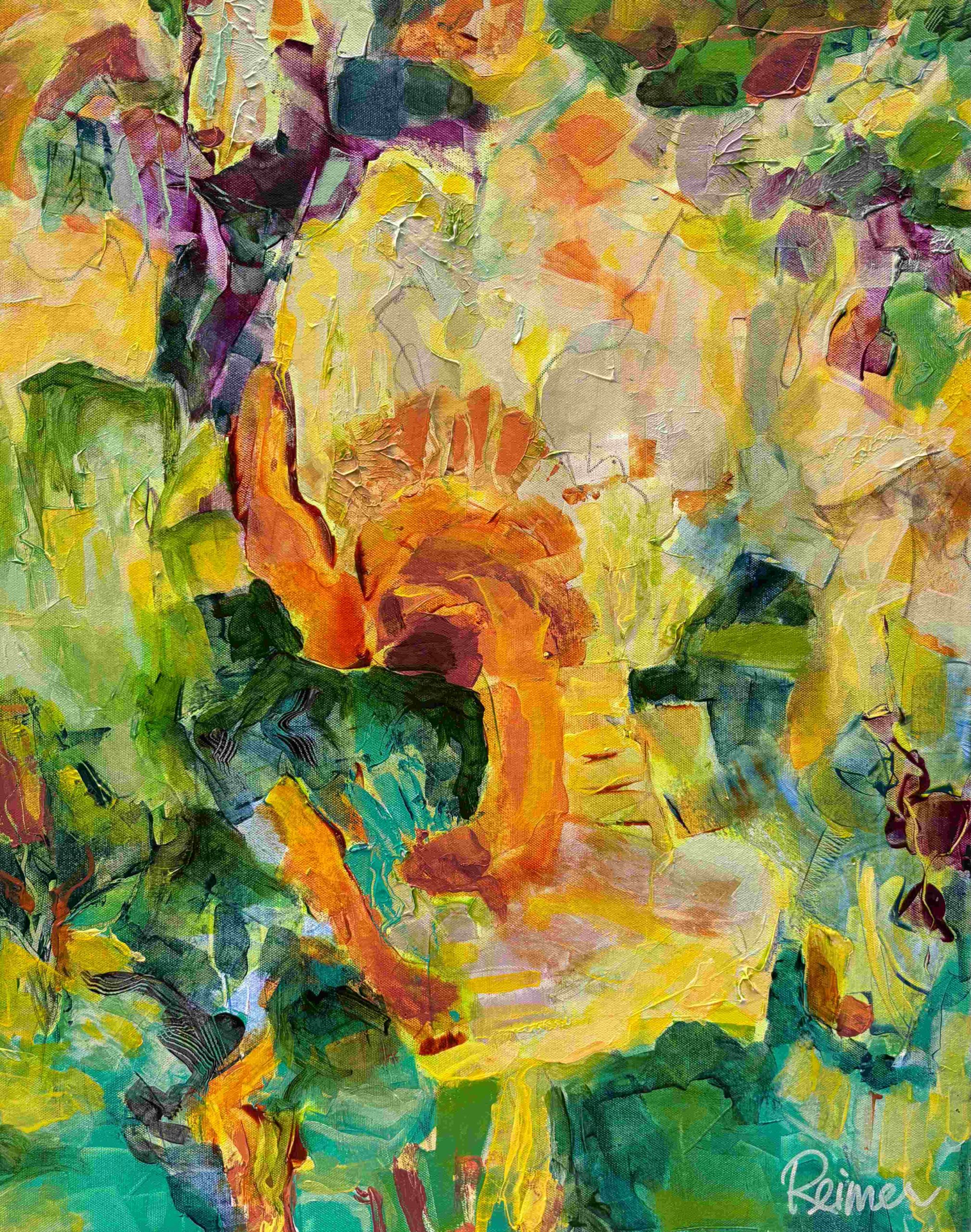 Summer's Demise by Christine Reimer, colourful abstract acrylic painting inspired by the transition from summer to autumn.