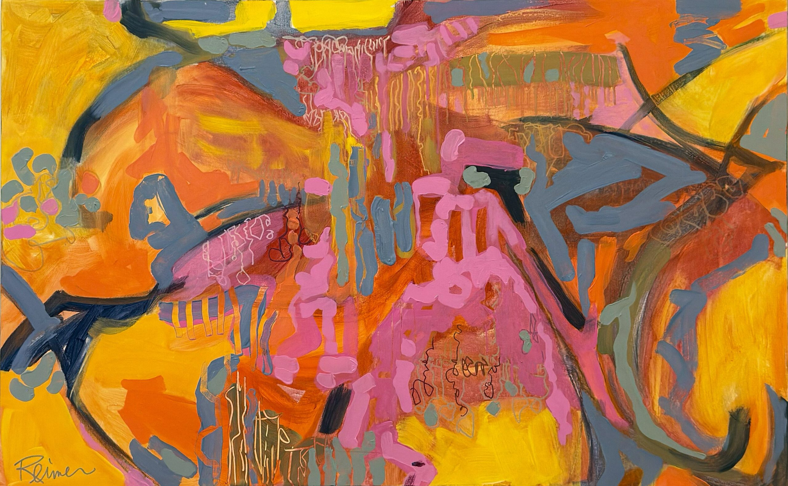 Sunfish by Christine Reimer, colorful abstract acrylic painting with vibrant yellow, orange, pink, and blue forms.