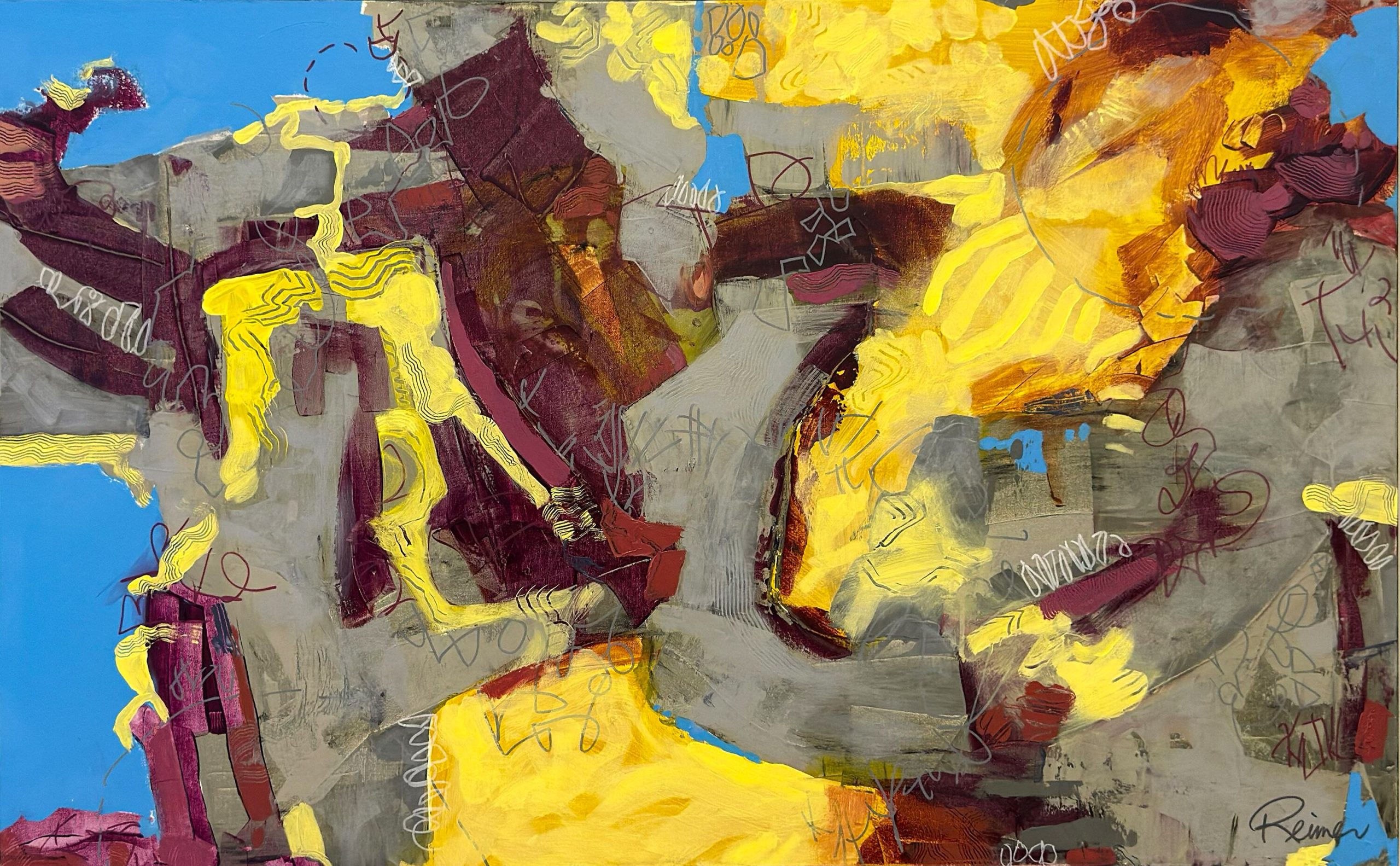 The Upside of Down by Christine Reimer, colorful abstract acrylic painting with layered textures and bold expressive forms.