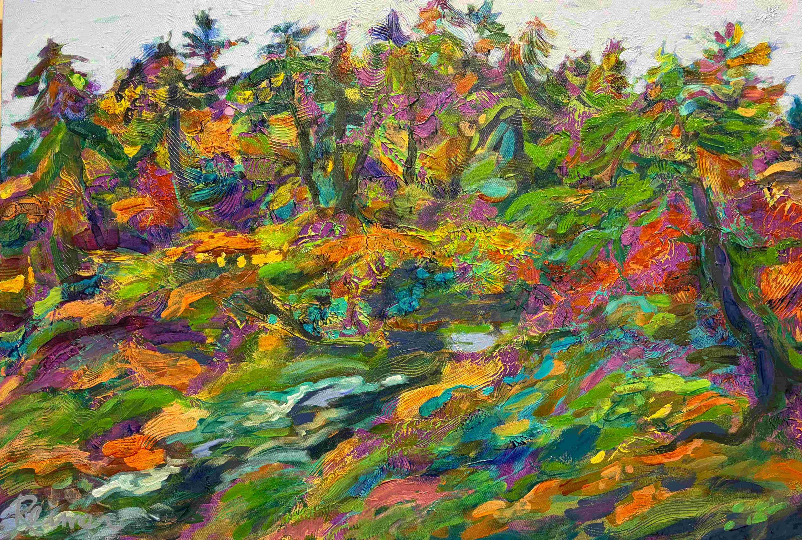 Trickling Creek by Christine Reimer, colourful abstract forest landscape painting.