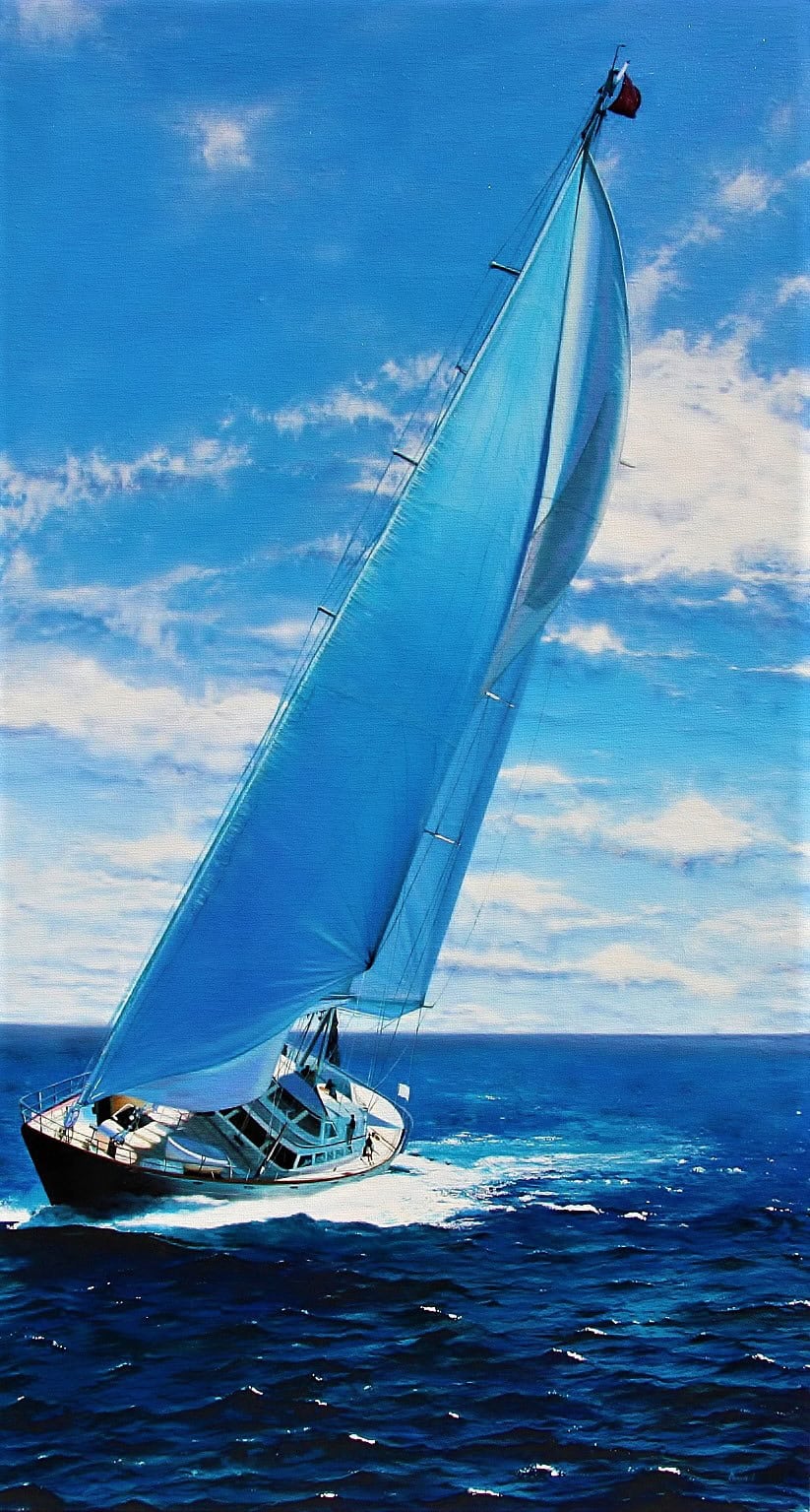 Blue by Ion Rosca, oil painting of a sailboat on the open sea.