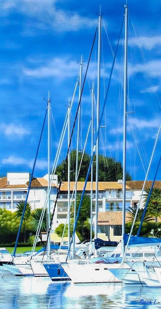Over the Sea by Ion Rosca, oil painting of sailboats in a tranquil marina.