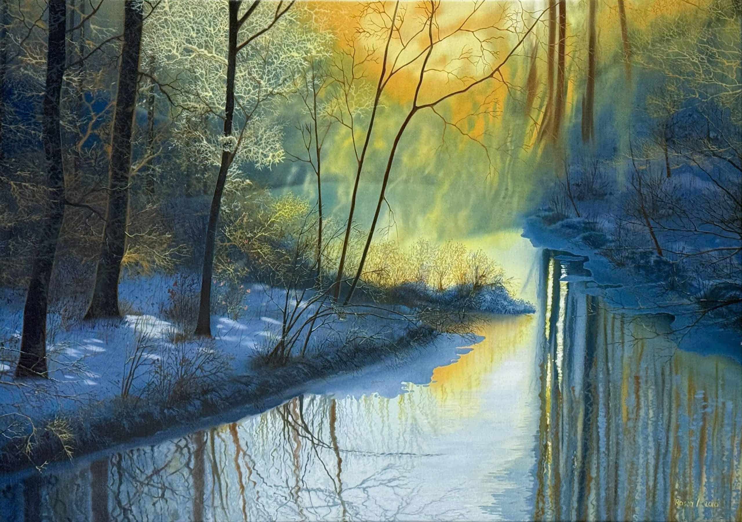 Sunny Winter by Ion Rosca, oil painting of a sunlit winter forest with reflections.