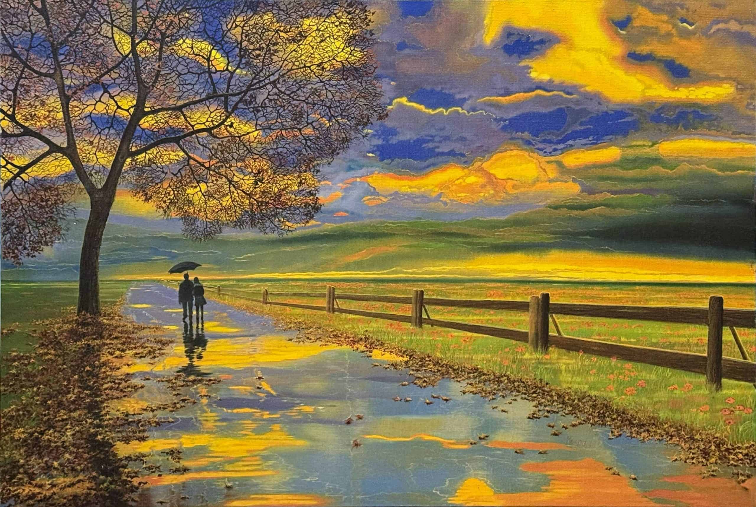 Together by Ion Rosca, romantic oil painting of a couple walking at sunset.