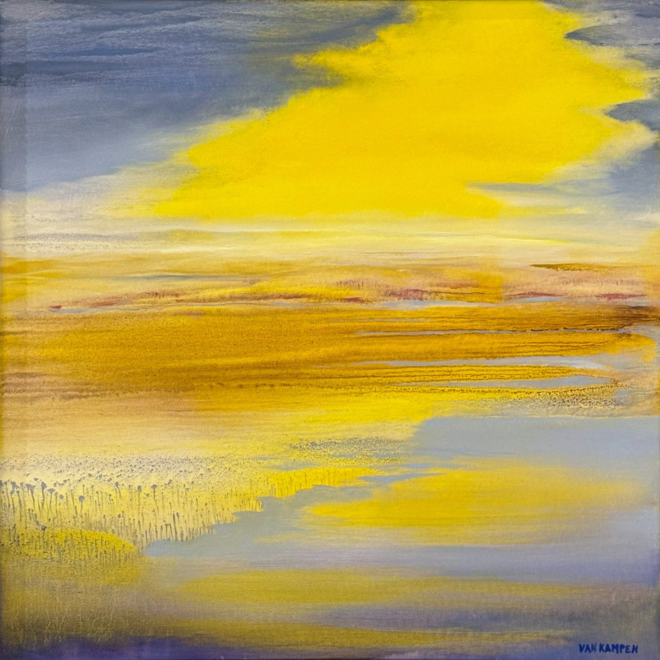 Heavenly Healing by Katherine van Kampen, luminous abstract landscape in gold and blue tones.