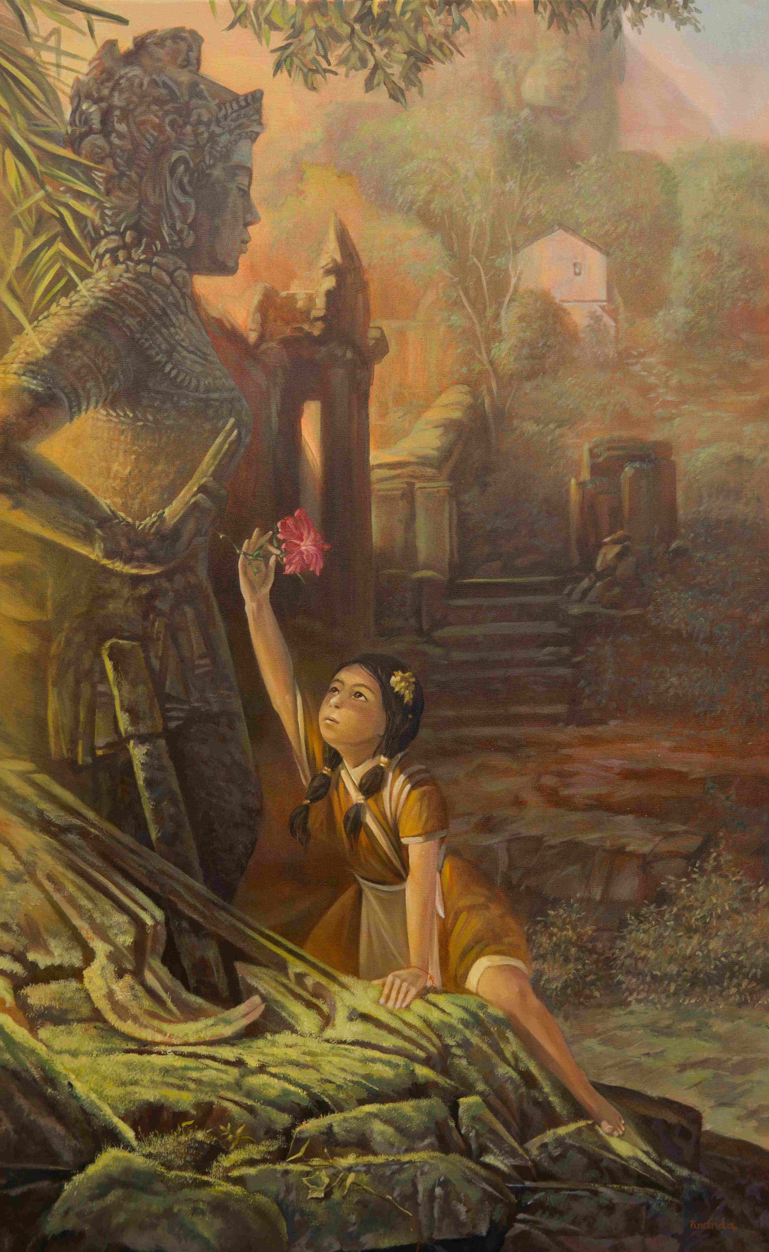 Sincerity by Anna Petrova, figurative oil painting of a girl offering a flower to a stone statue.