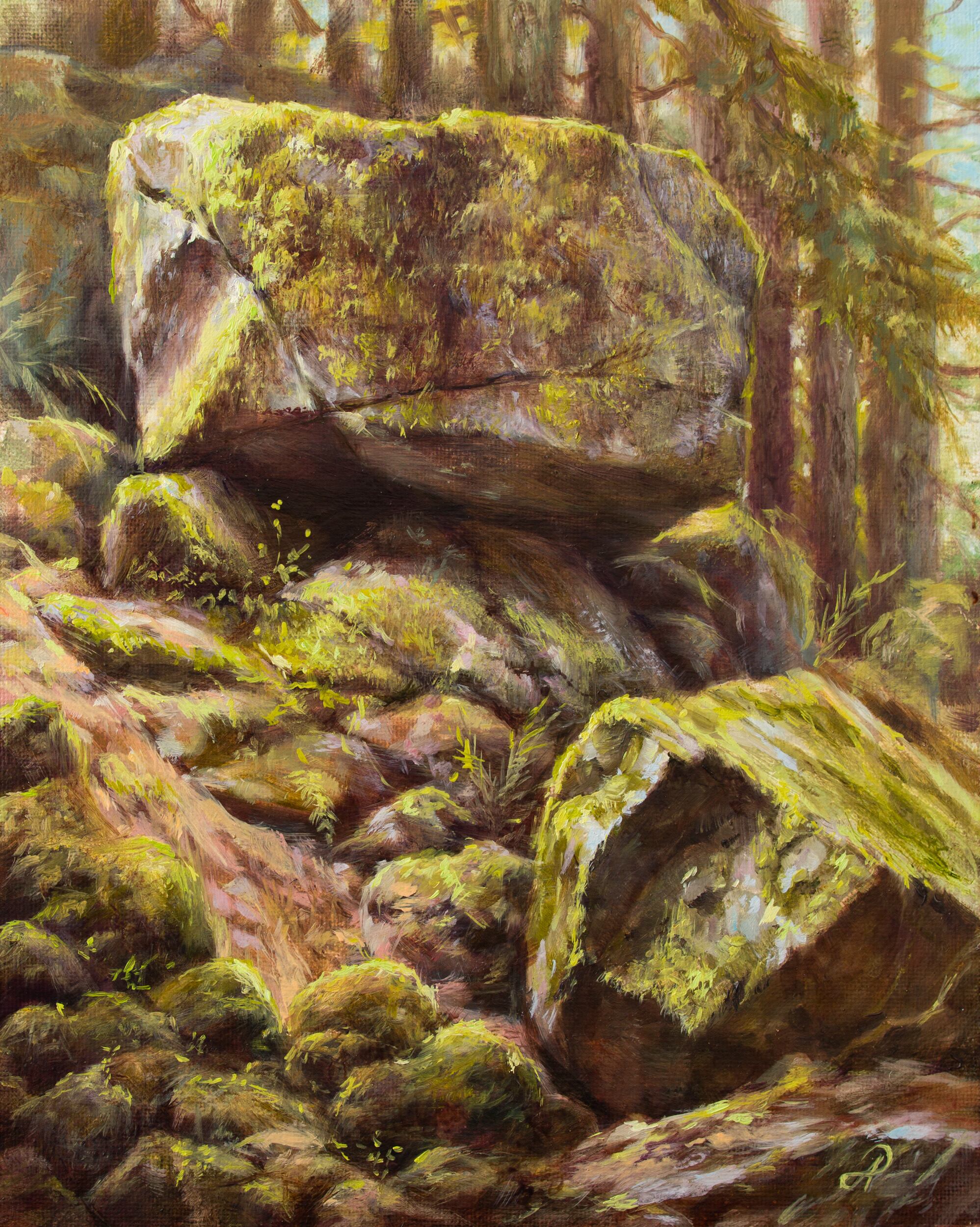 The Threshold by Anna Petrova, moss-covered rocks in a forest.
