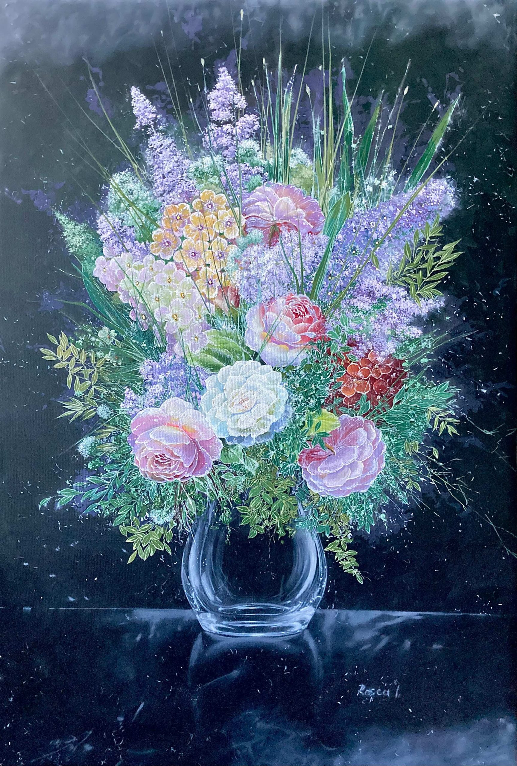 Flow by Ion Rosca, floral still life with roses and lavender in a glass vase.