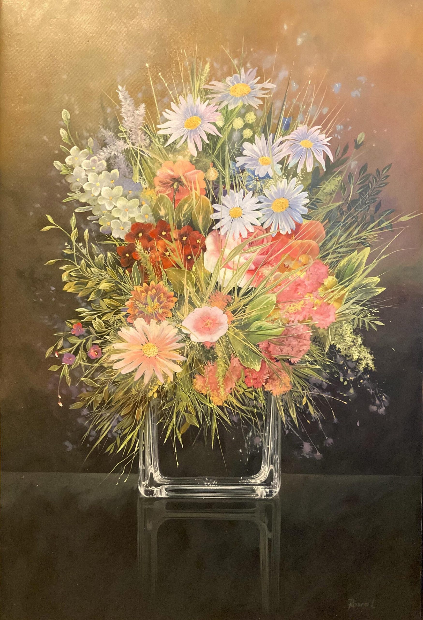 Flowt by Ion Rosca, floral still life oil painting with wildflowers in a glass vase.