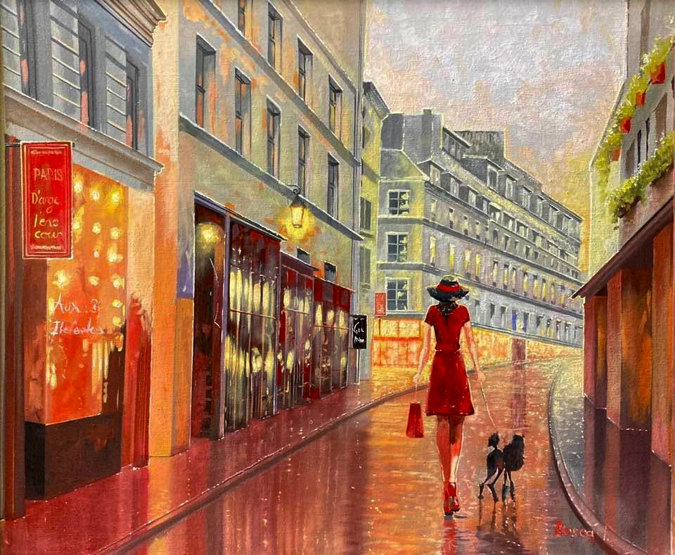 Paris Red by Ion Rosca, Paris street oil painting with woman in red walking a dog.