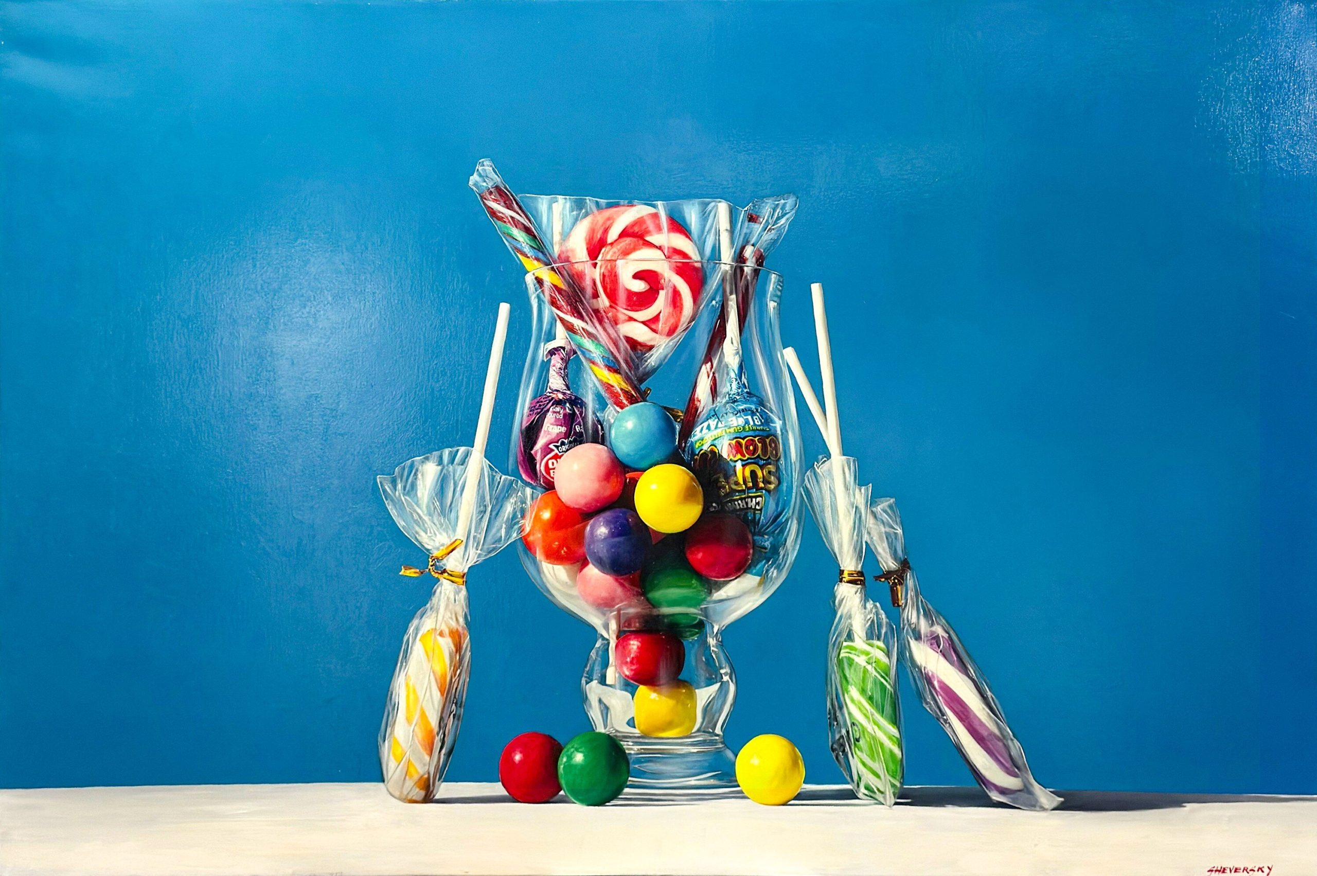 Alexander Sheversky, Candy, oil on canvas, 40 × 60 in, hyperrealistic still life of colourful candies and lollipops.