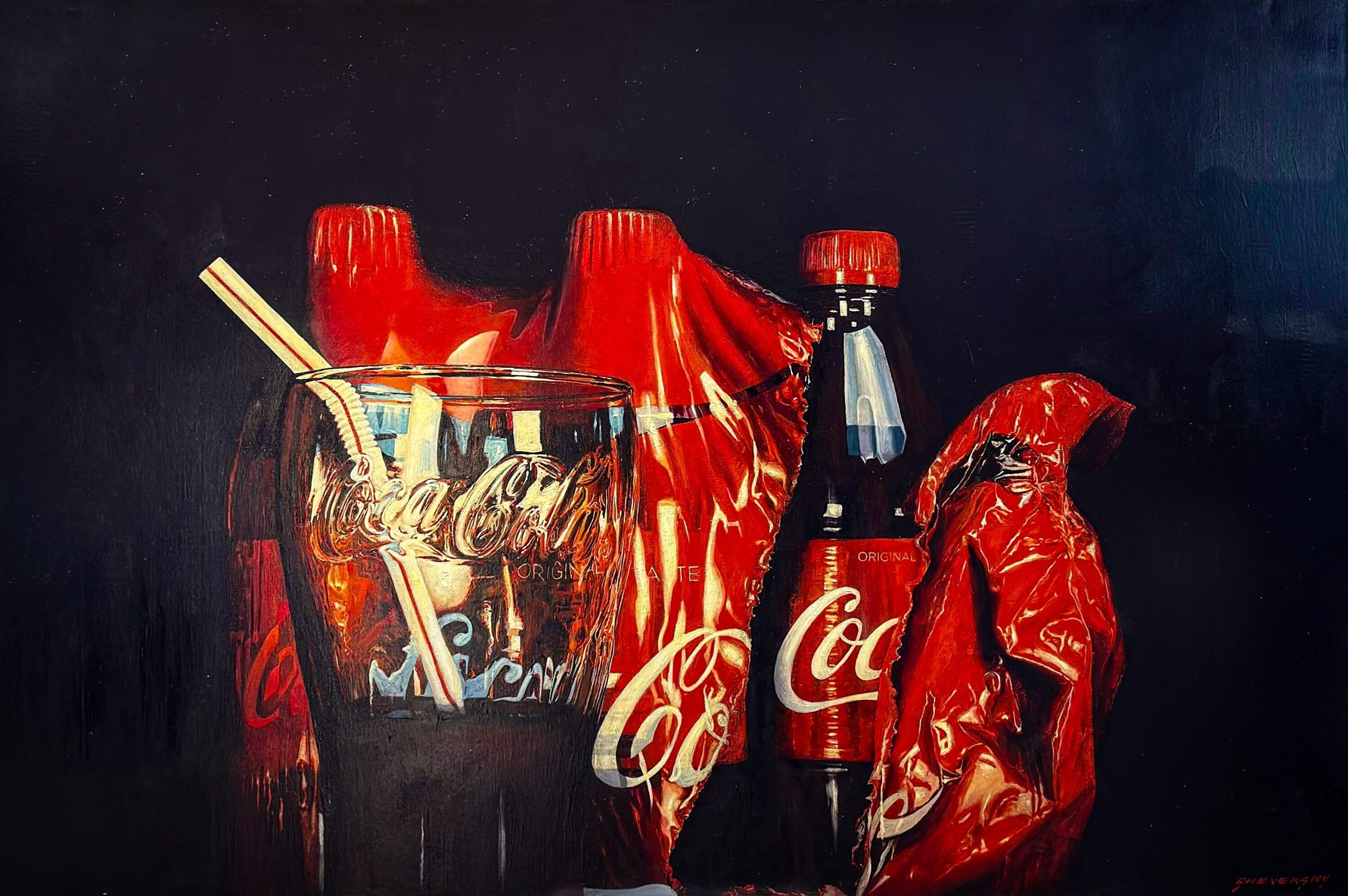 Alexander Sheversky, Coca-Cola, oil on canvas, 40 × 60 in, hyperrealistic still life with bottle, glass and red packaging.