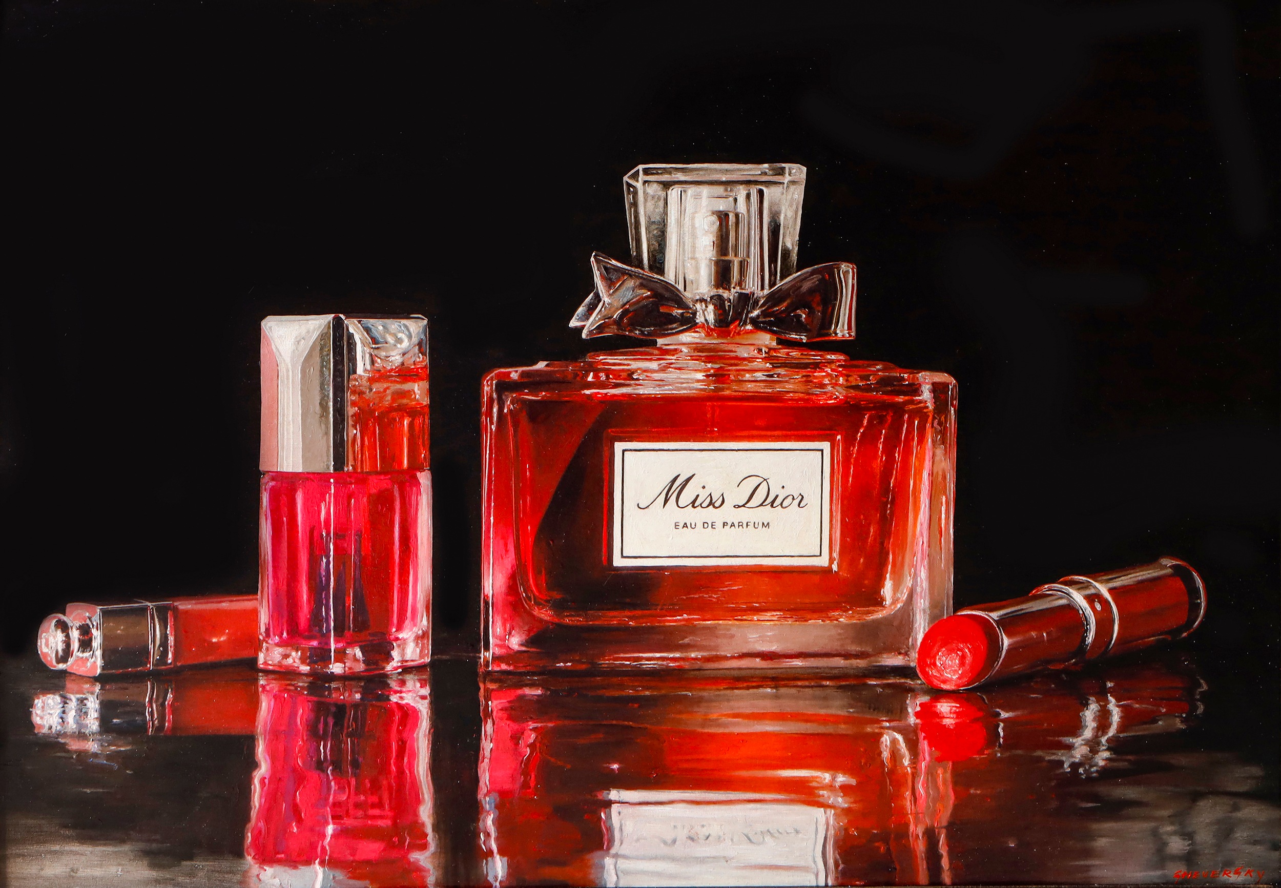 Alexander Sheversky, Miss Dior, oil on canvas, framed 25 × 37 in, hyperrealistic still life of perfume and cosmetics.