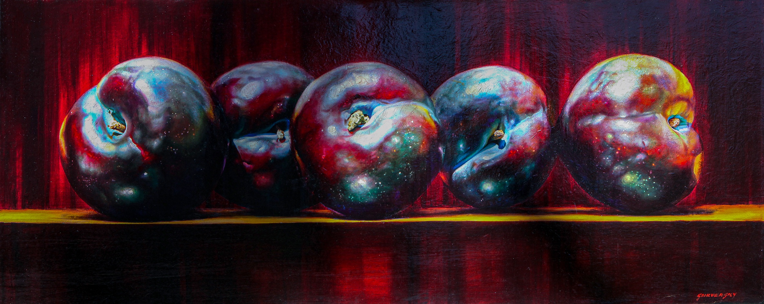 Alexander Sheversky, Plums, oil on canvas, 24 × 60 in, hyperrealistic still life of five plums against a dark red background.