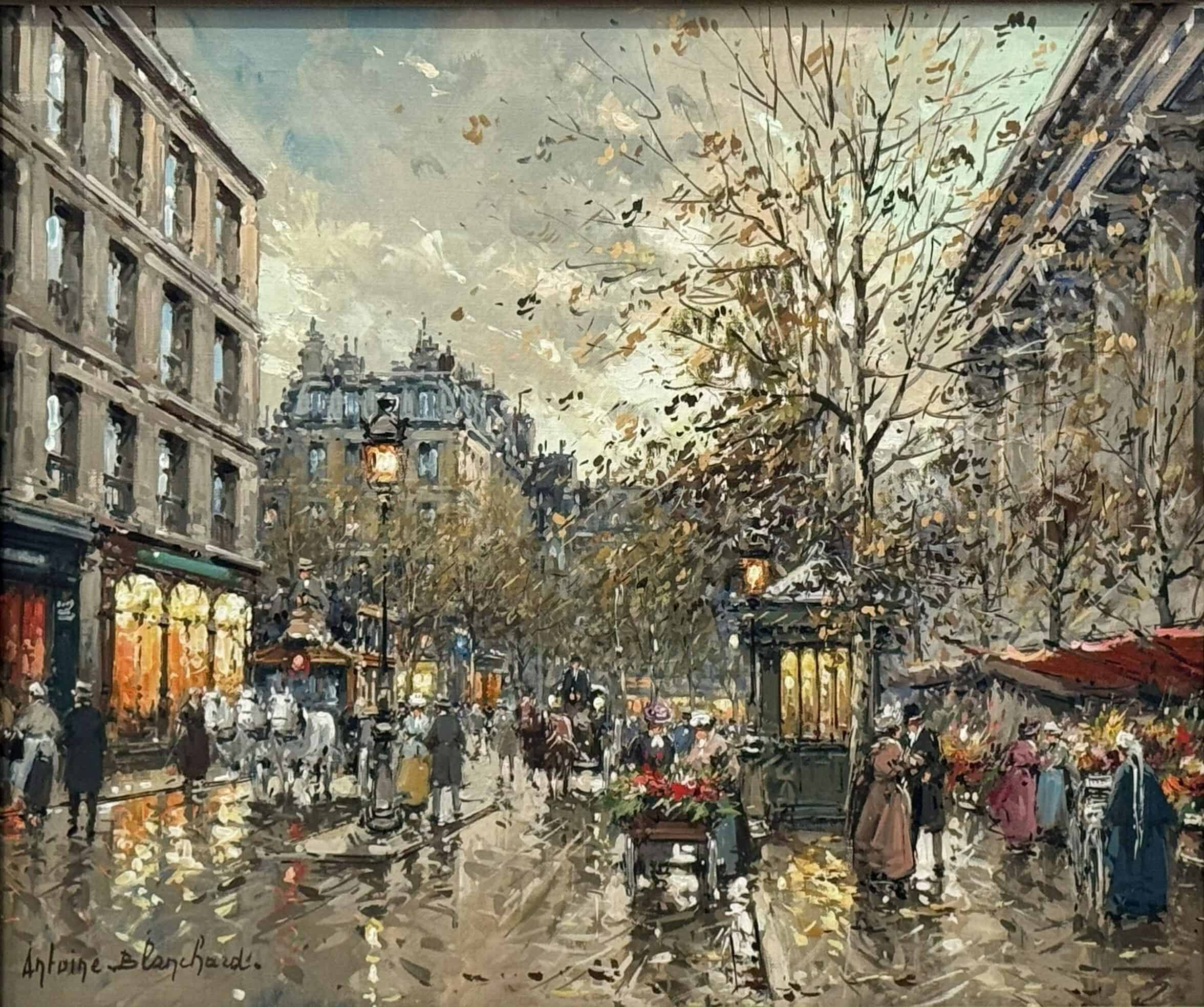 Antoine Blanchard, Paris, La Madeleine, oil painting of a lively Parisian street scene.