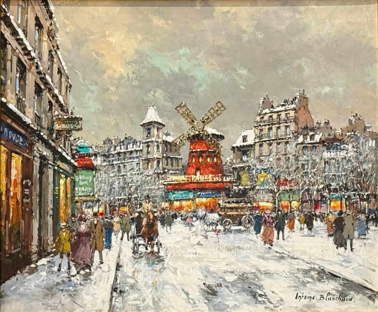 Antoine Blanchard, Paris, Le Moulin Rouge, oil painting of the Moulin Rouge and a snowy Montmartre street scene.