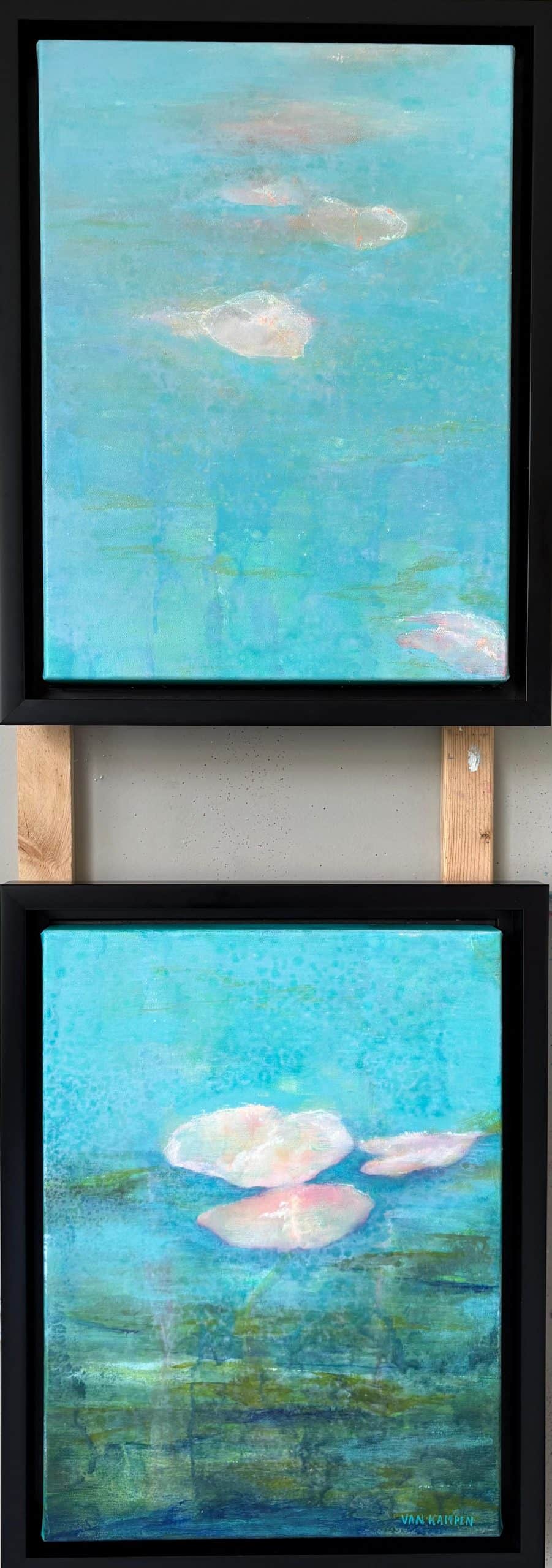 Waters of Life I & II by Katherine van Kampen, pair of turquoise mixed-media paintings.