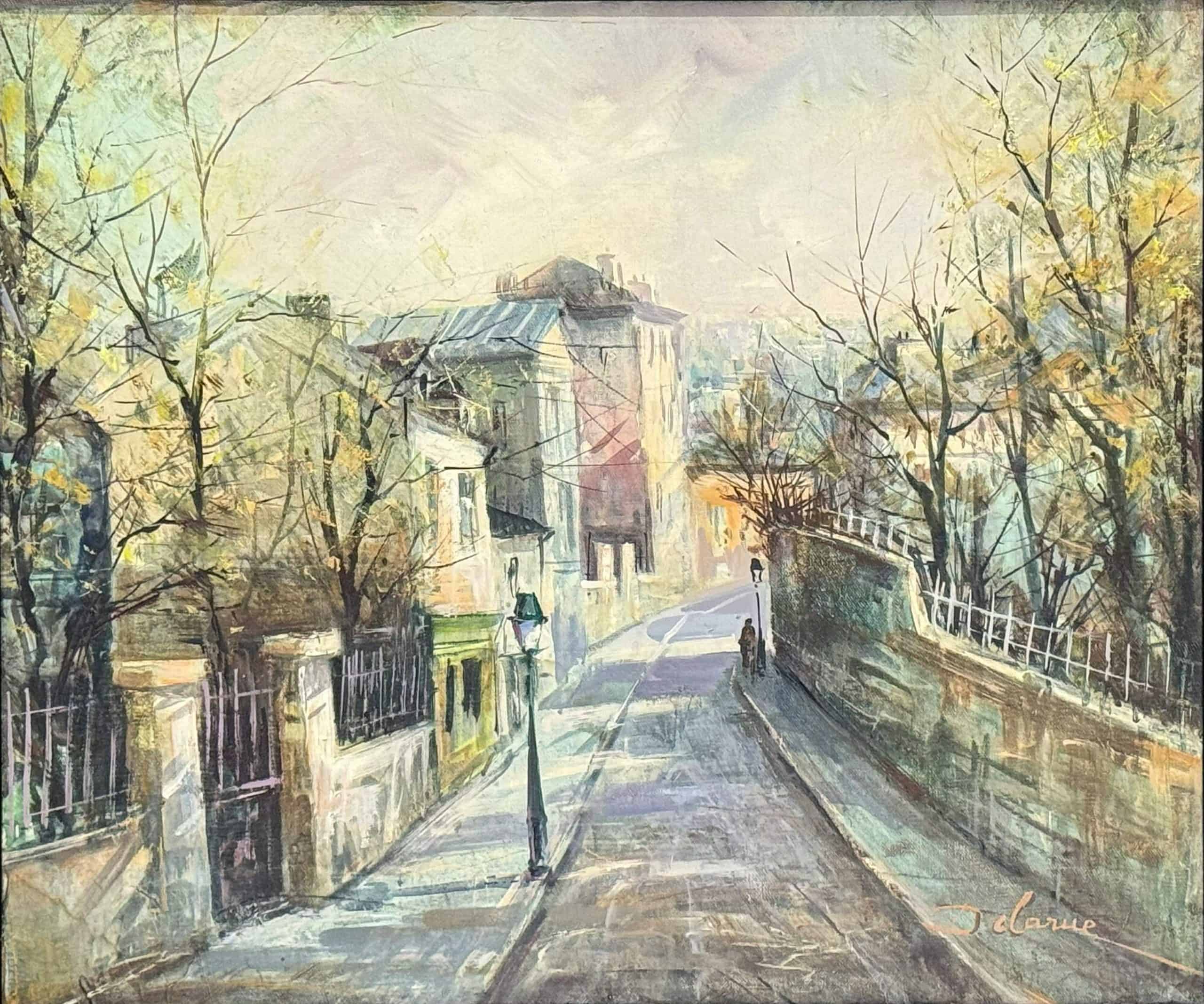 Lucien Delarue A quiet street in Paris oil painting depicting a quiet Paris street with trees and historic architecture.