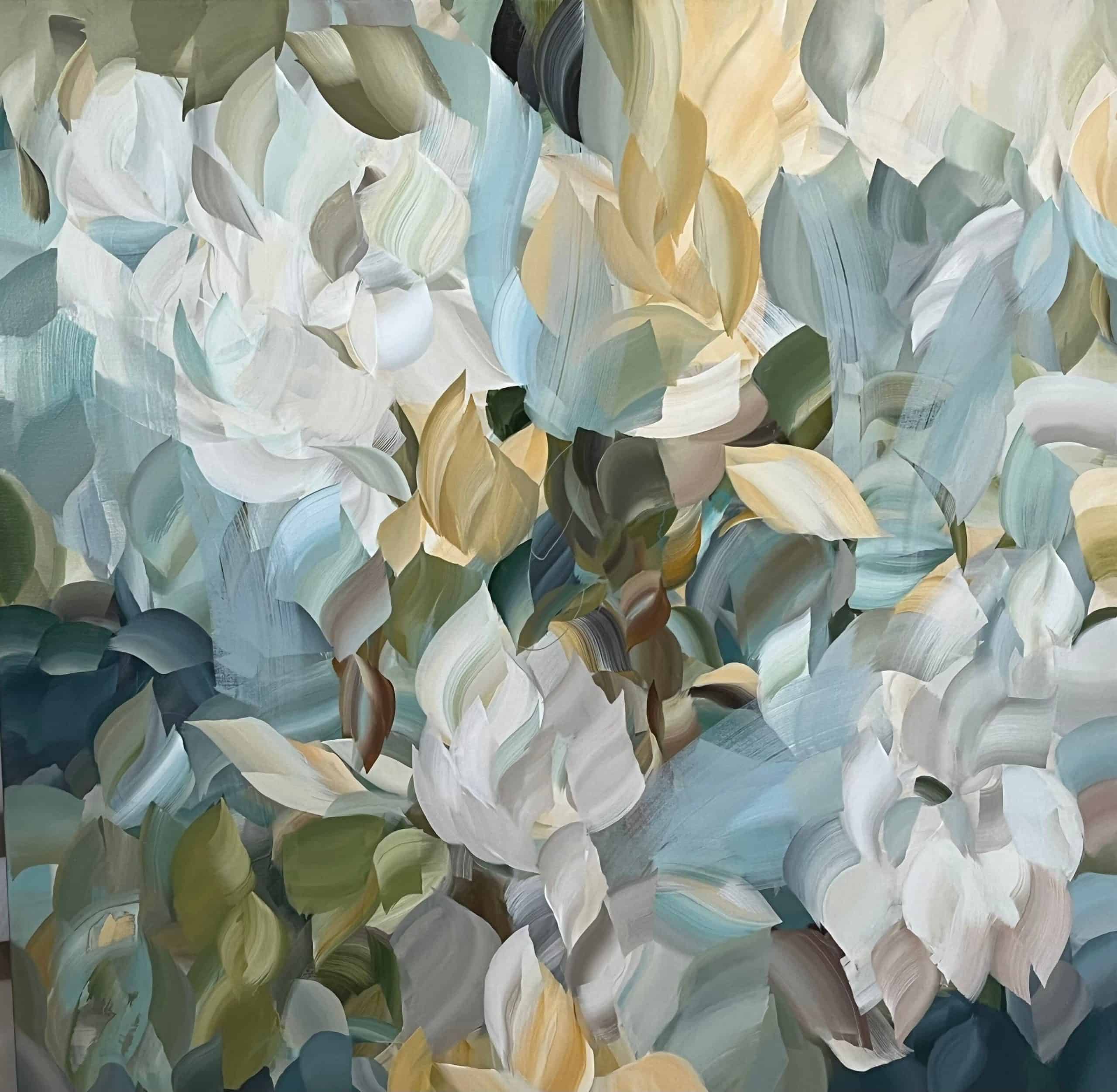 Rinis Aqua by Shirley Thompson is a 48 × 48 in acrylic abstract featuring layered organic forms in soft aqua, ivory, and earthy tones.