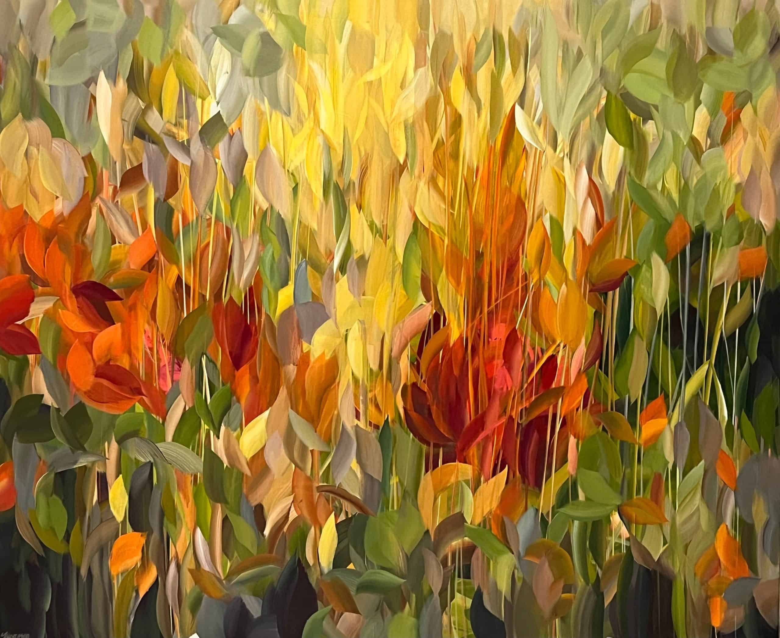 Shirley Thompson, Tropique, abstract acrylic painting with layered tropical forms in yellow, orange, red and green.