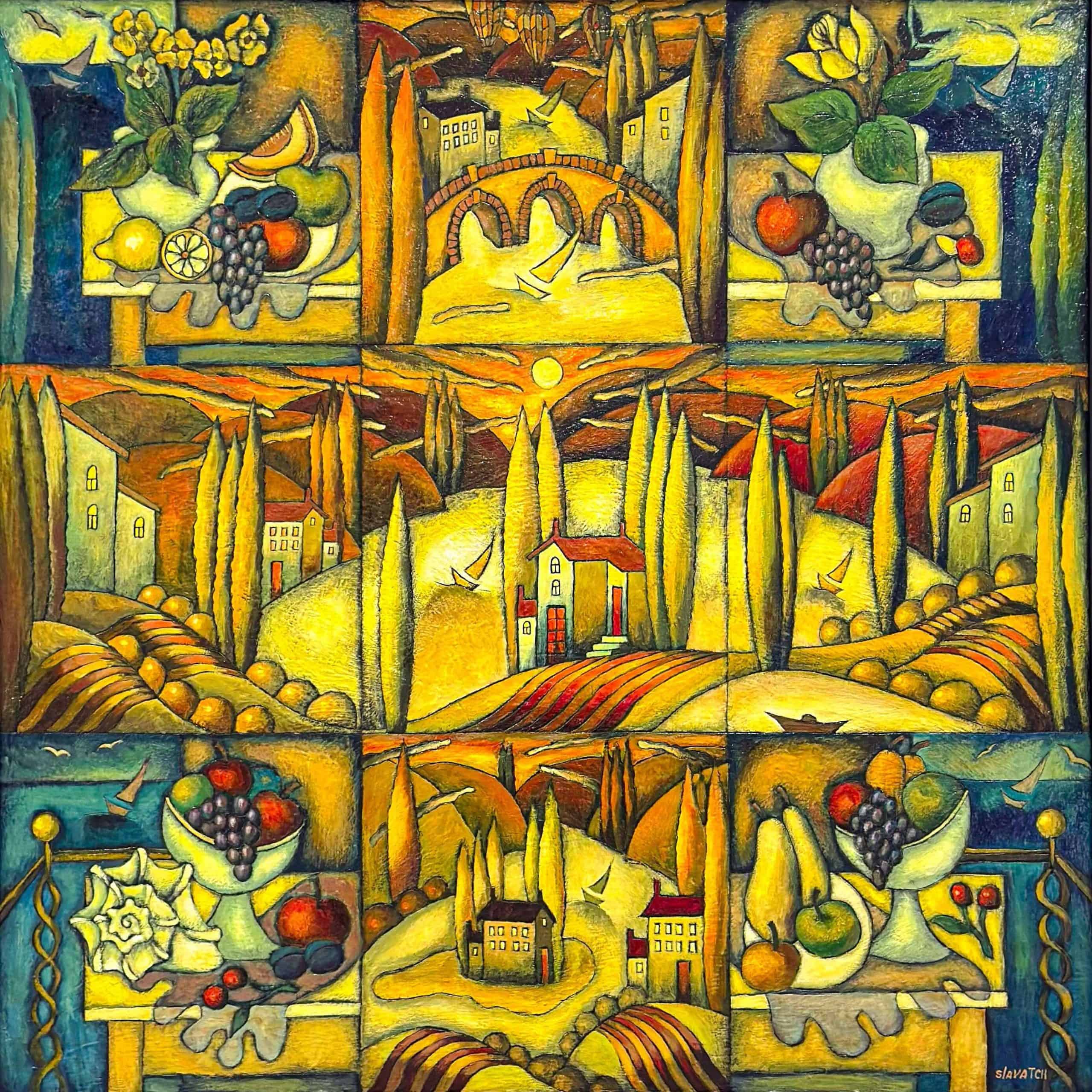 Slava TCH, From Harmony to Harmony, encaustic painting with golden landscapes, village scenes, fruit and cypress trees.