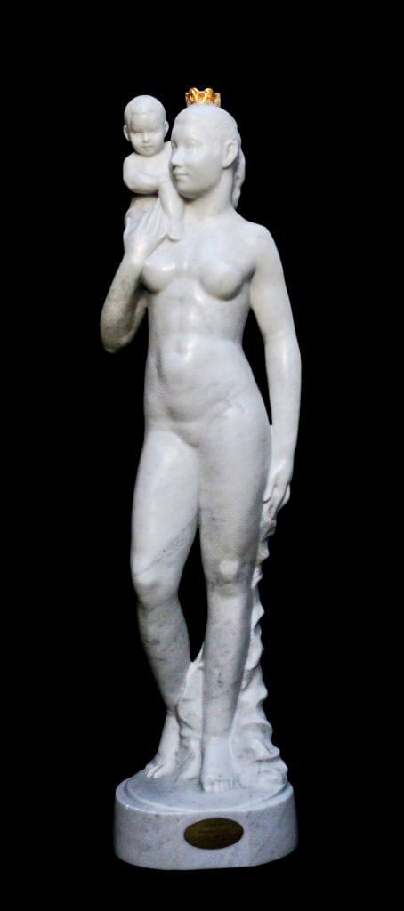 Valeri Sokolovski, Mother and Child, Italian Carrara marble, 34.5 × 8 × 7 in, figurative sculpture of a mother carrying a child.
