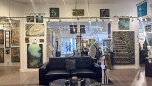 Interior of Vancouver Fine Art Gallery on Granville Island featuring contemporary art and sculptures