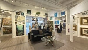 Contemporary paintings and sculptures on display at Vancouver Fine Art Gallery on Granville Island.