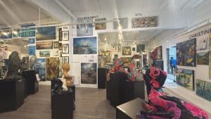 Contemporary paintings and sculptures on display at Vancouver Fine Art Gallery on Granville Island.