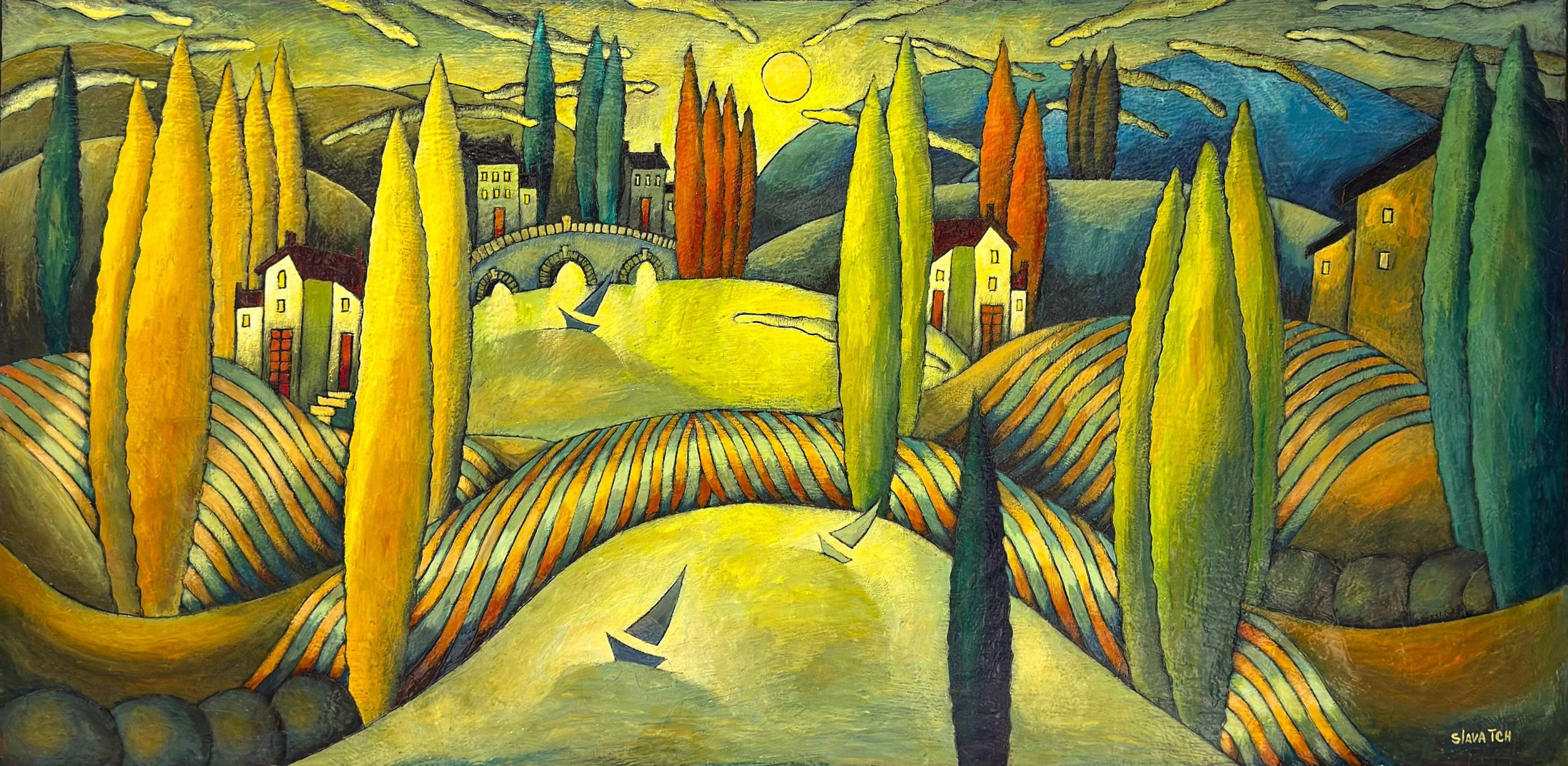 Slava TCH, Between Land and Sea, encaustic landscape with cypress trees, hills and sailboats.